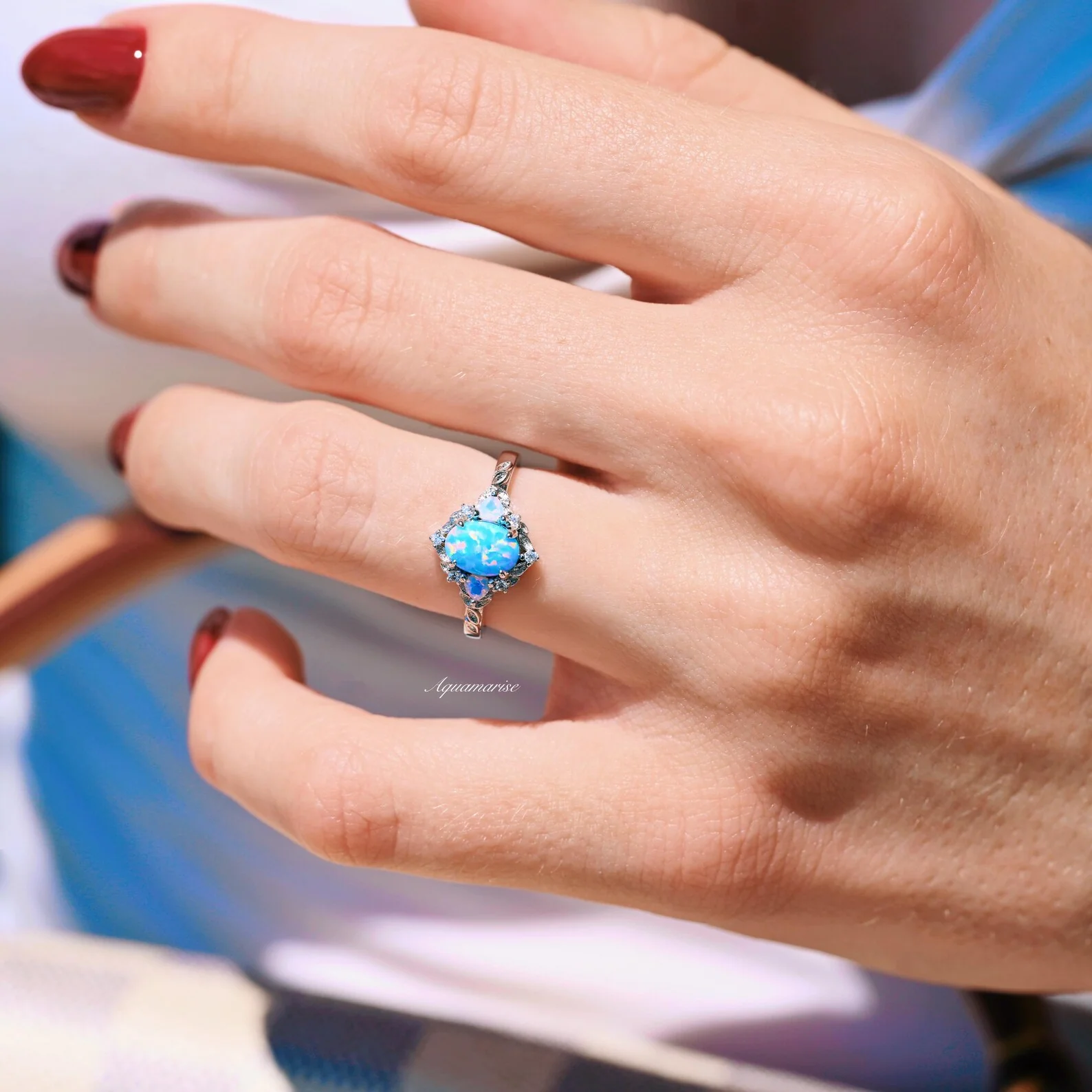 Blue Fire Opal & Opalescent Sapphire Leaf Engagement Ring in Sterling Silver - Image 4