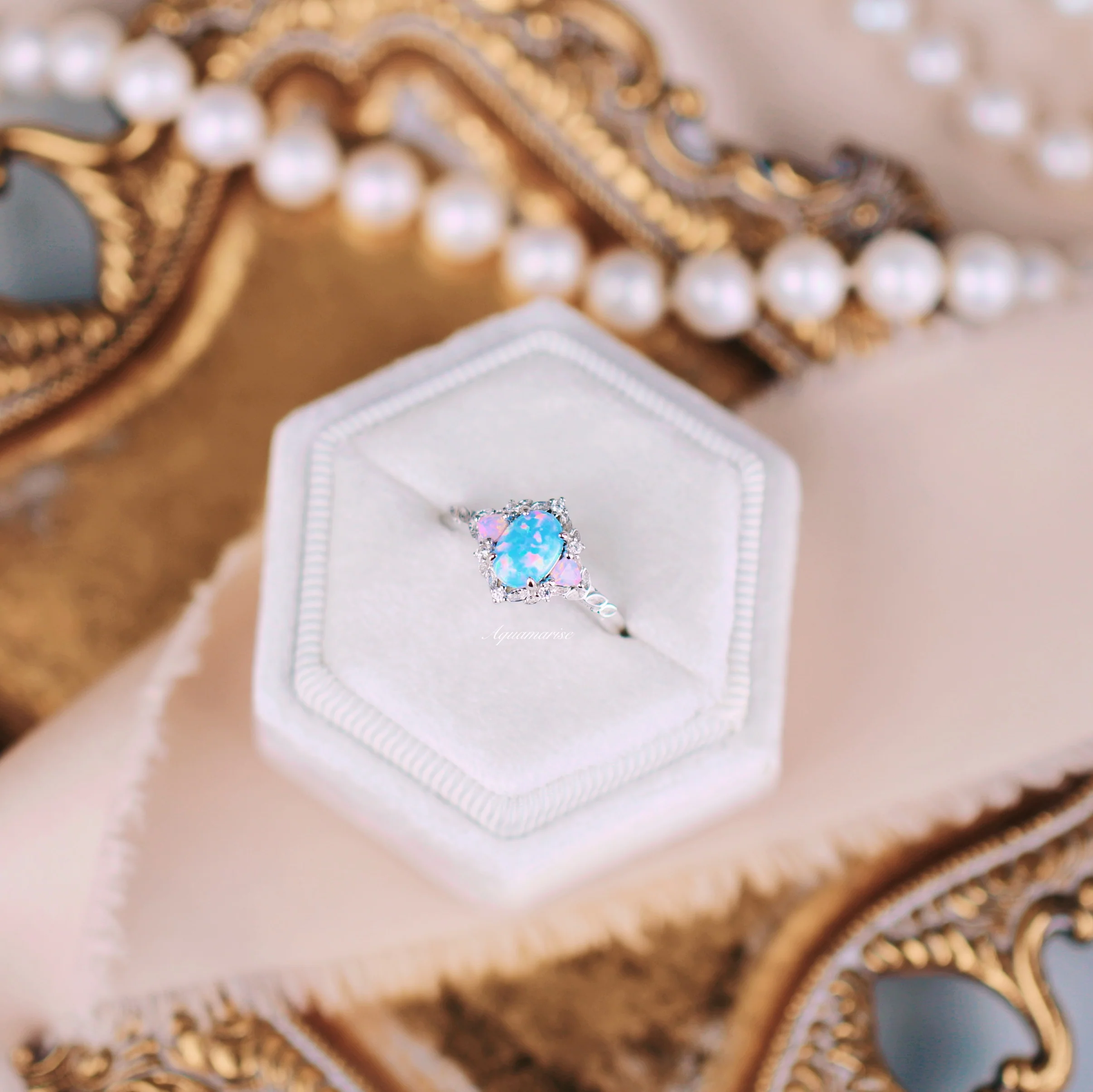 Blue Fire Opal & Opalescent Sapphire Leaf Engagement Ring in Sterling Silver - Image 5