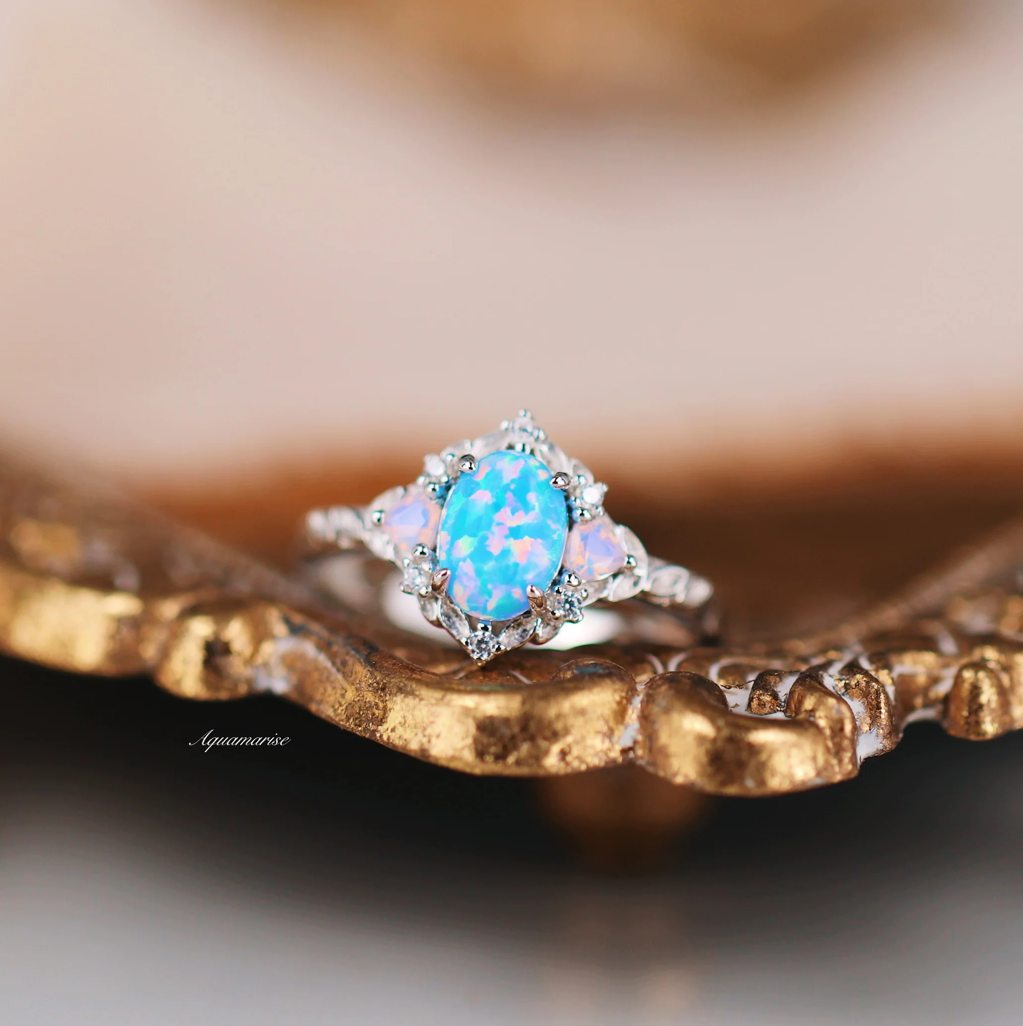 Blue Fire Opal & Opalescent Sapphire Leaf Engagement Ring in Sterling Silver - Image 8