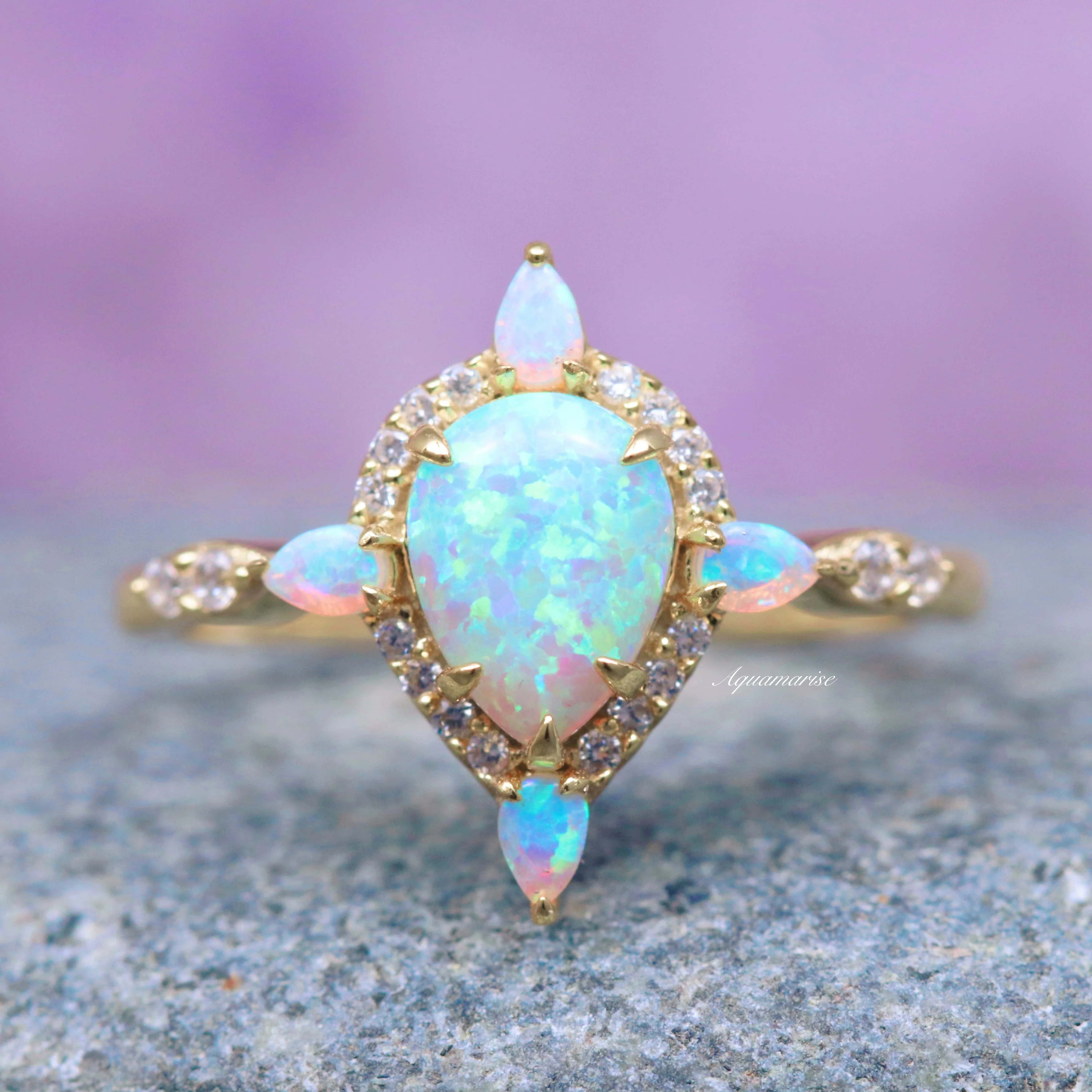 Blue Fire Opal Engagement Ring- 14K Solid Yellow Gold