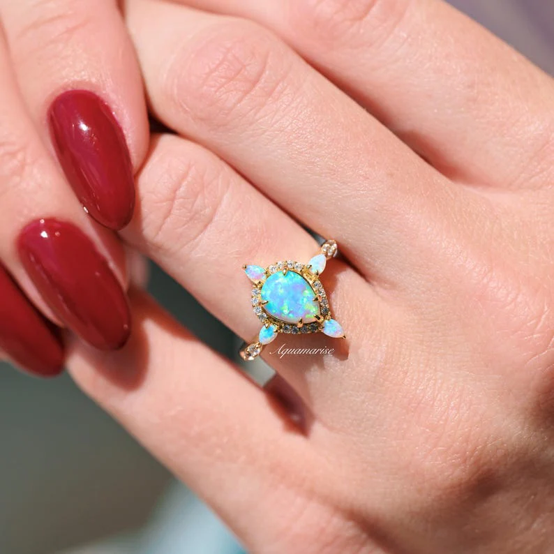 Blue Fire Opal Engagement Ring- 14K Solid Yellow Gold - Image 4