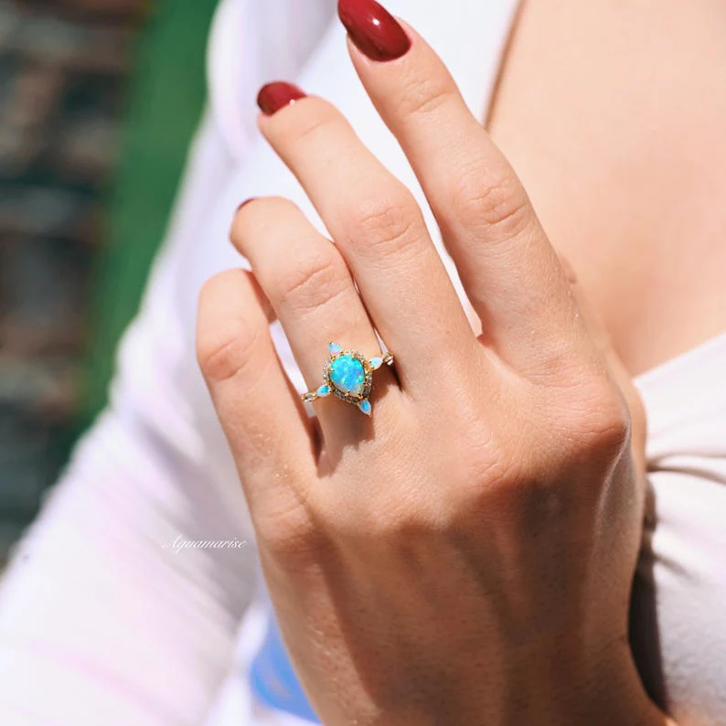 Blue Fire Opal Engagement Ring- 14K Solid Yellow Gold - Image 5