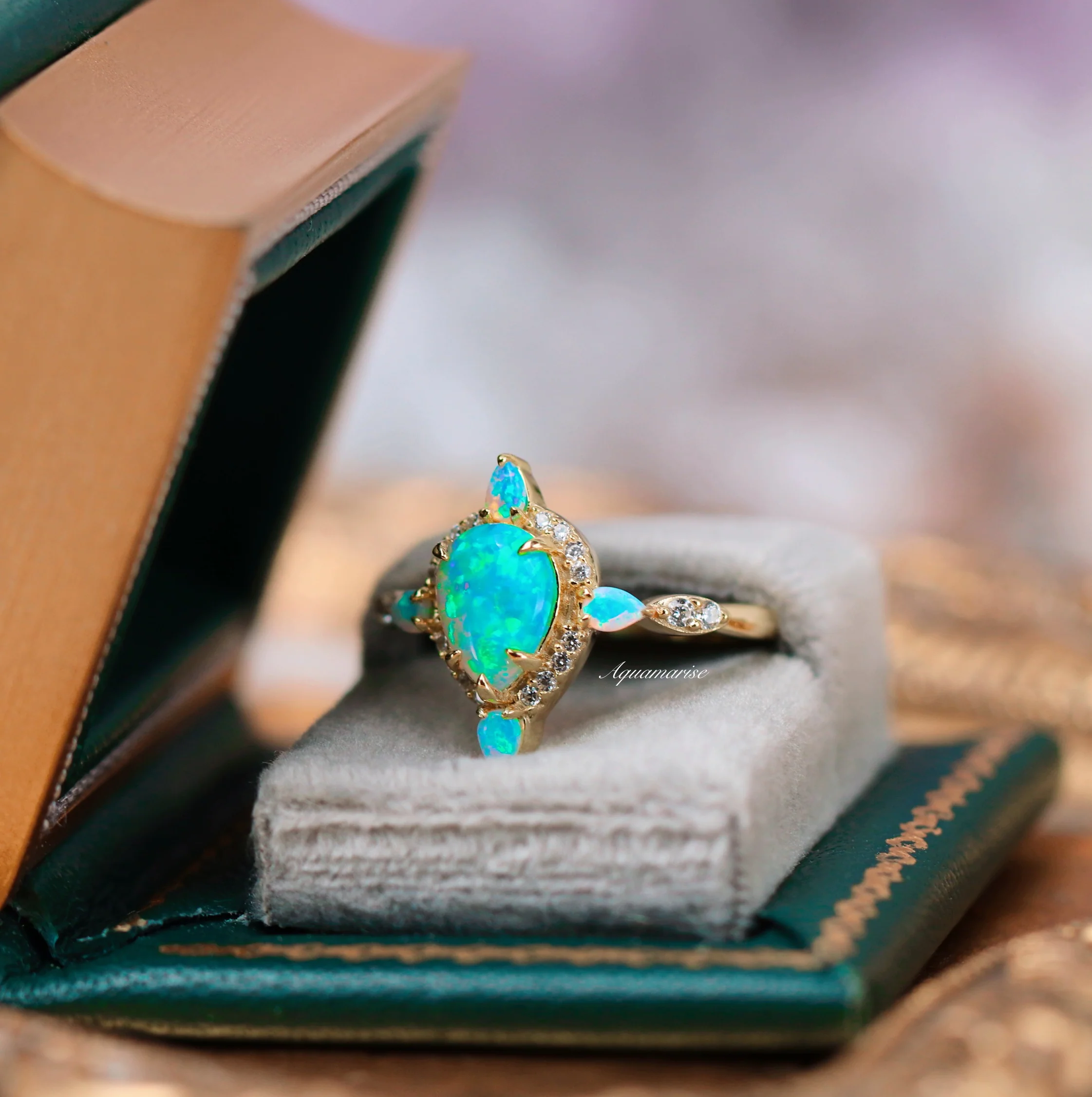 Blue Fire Opal Engagement Ring- 14K Solid Yellow Gold - Image 6
