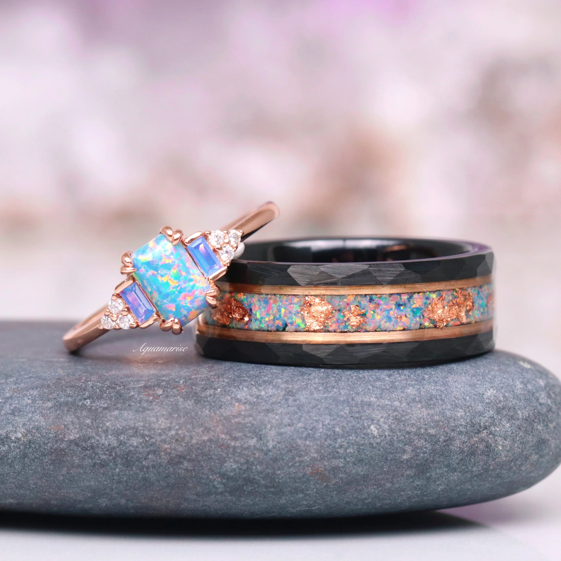 Light Blue Fire Opal & Rose Gold Leaf Wedding Band- 8MM Black Tungsten - Image 2