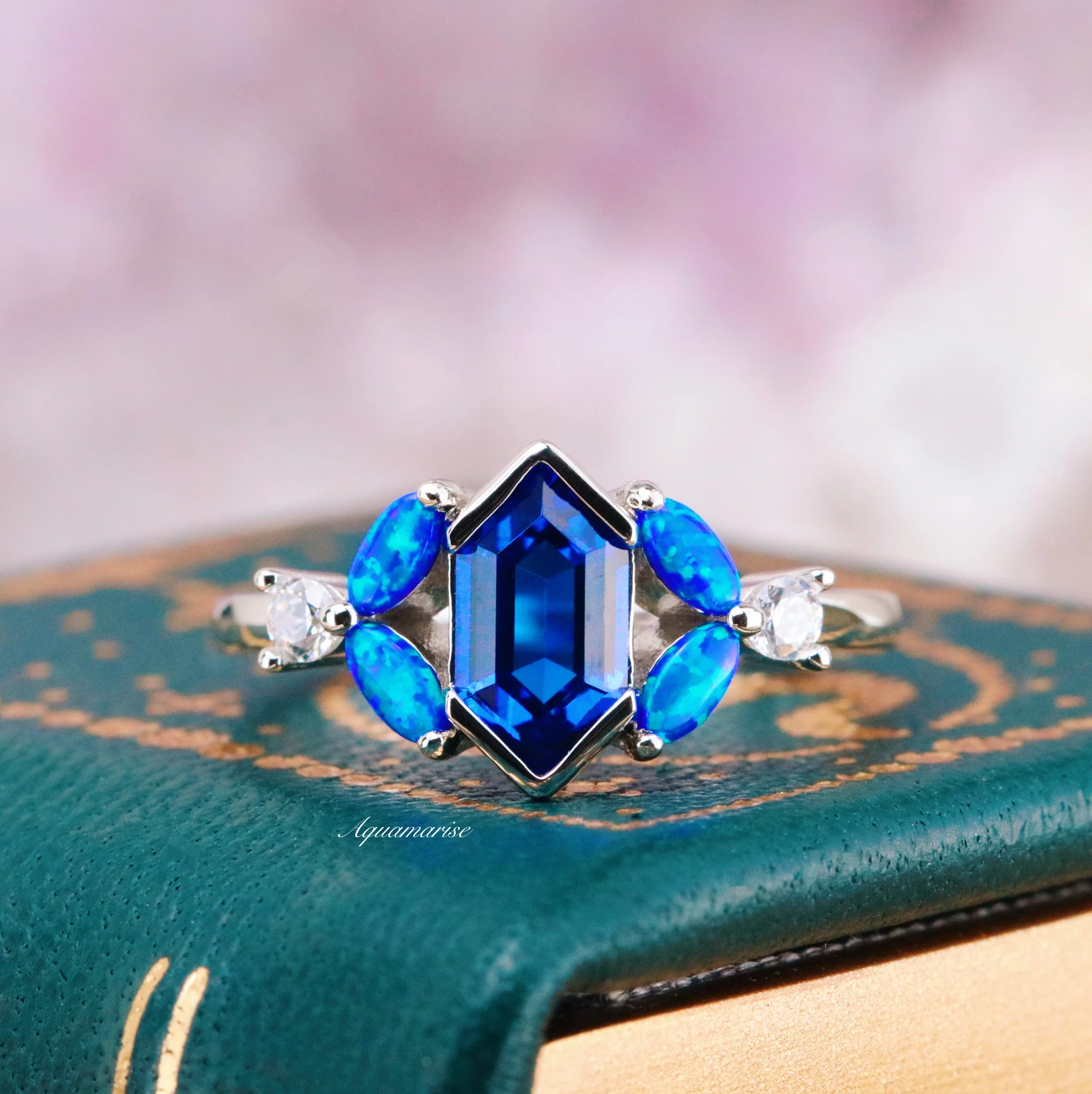Blue Fire Opal & Sapphire Couples Ring Set - Image 2