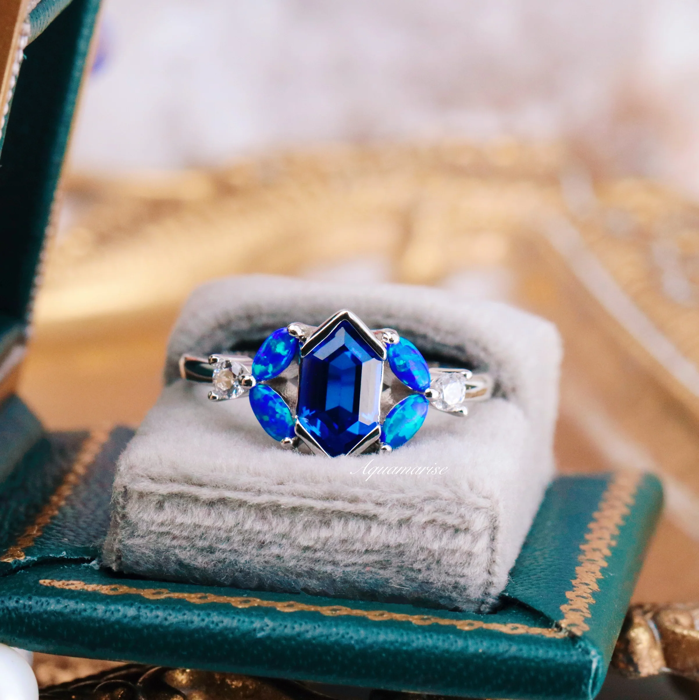 Blue Fire Opal & Sapphire Couples Ring Set - Image 5
