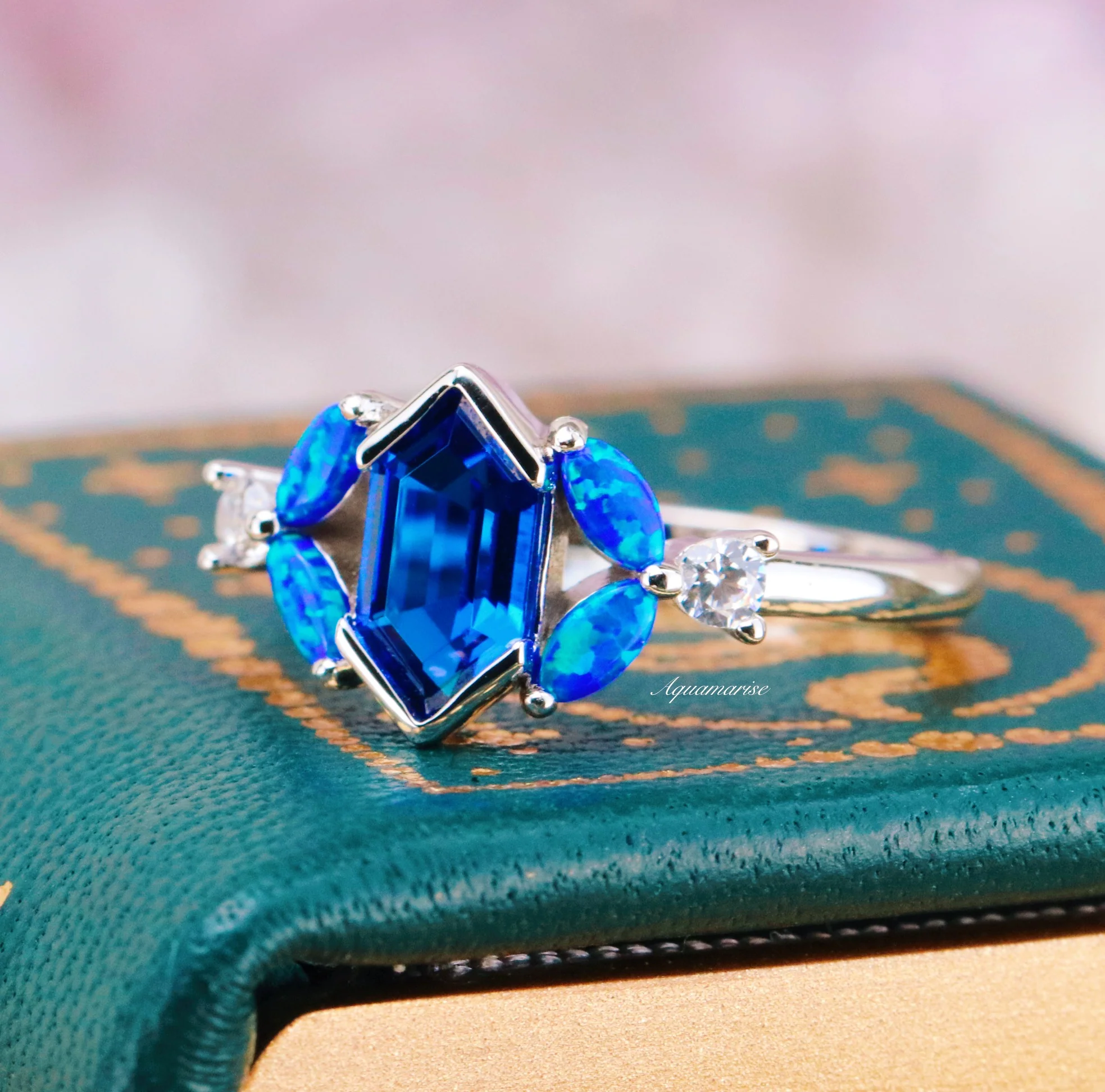 Blue Fire Opal & Sapphire Couples Ring Set - Image 7