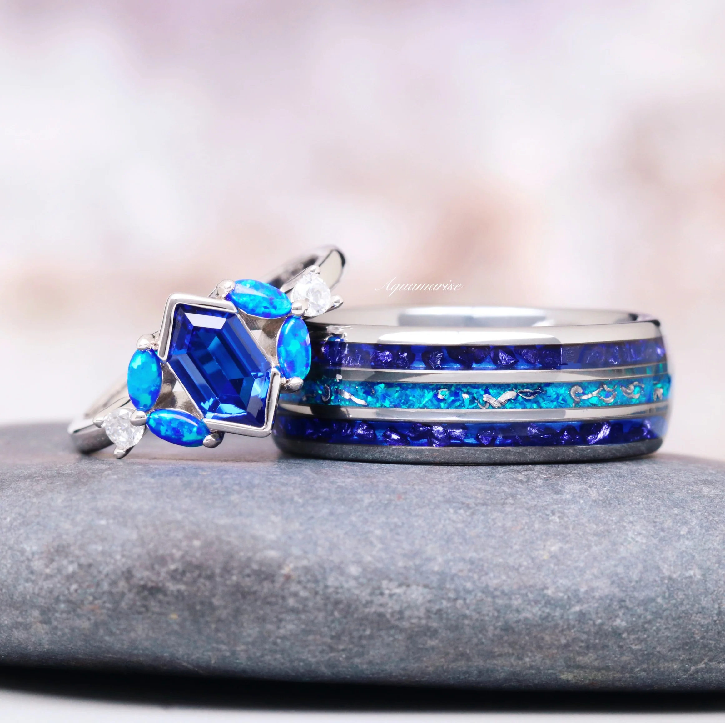 Blue Fire Opal & Sapphire Engagement Ring- Sterling Silver - Image 5