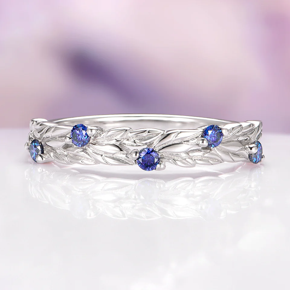 Blue Moissanite Fairy Leaf Band in 14K White Gold