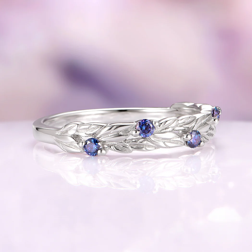 Blue Moissanite Fairy Leaf Band in 14K White Gold - Image 2