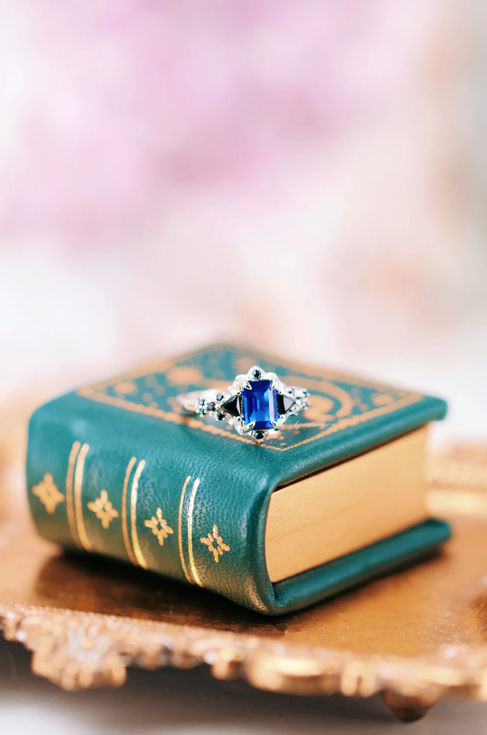 Blue Sapphire & Black Onyx Leaf Engagement Ring- 14K White Gold - Image 5
