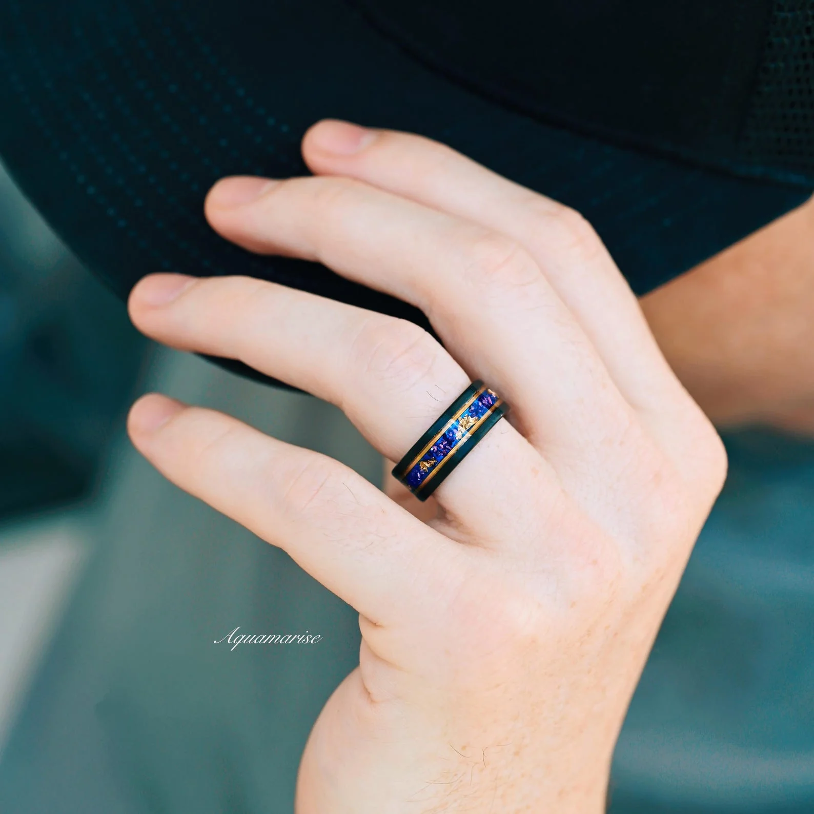 Blue Sapphire & Gold Leaf Wedding Band in Black Tungsten Carbide (8mm) - Image 3