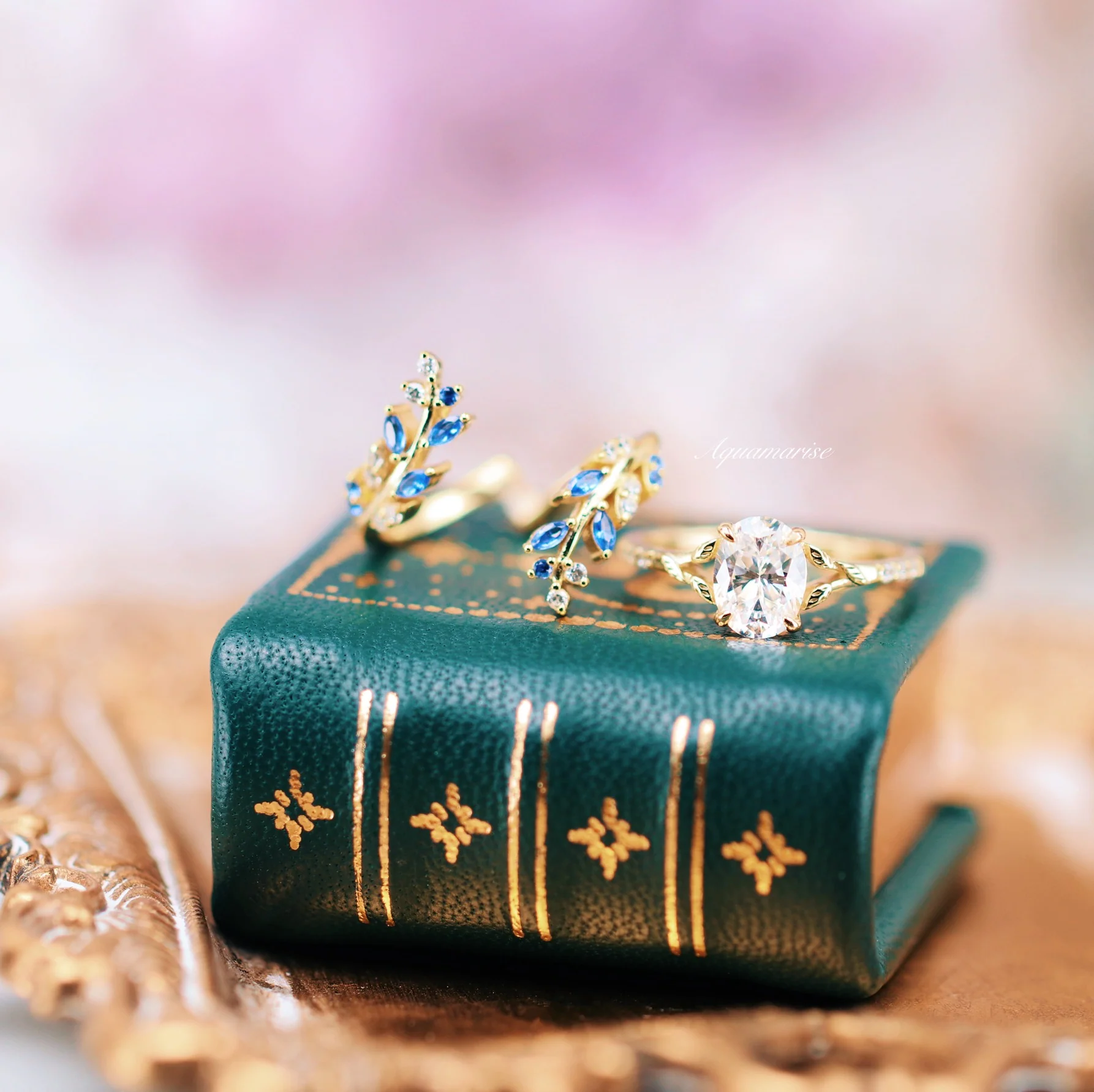 Lab-Grown Diamond & Sapphire Leaf Engagement Ring Set in 14K Solid Yellow Gold (IGI Certified) - Image 2