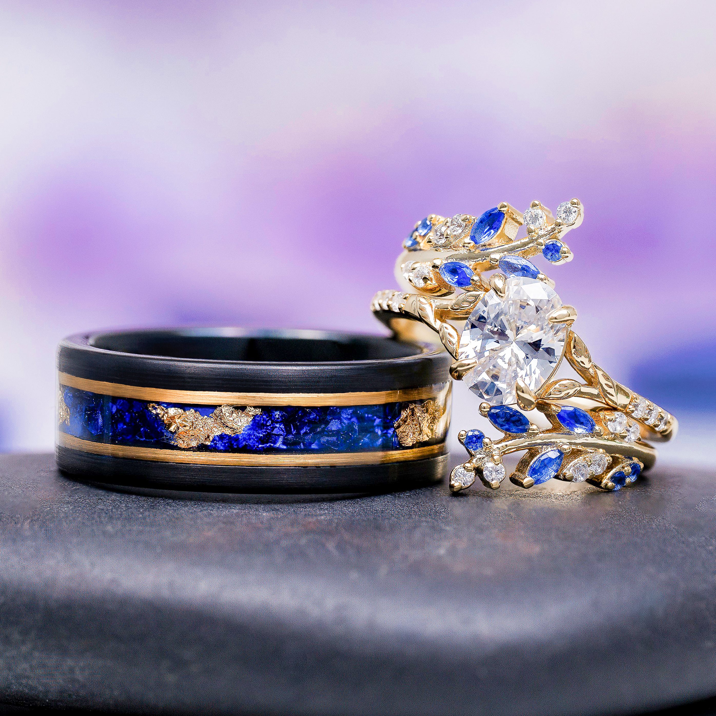 Lab-Grown Diamond & Sapphire Leaf Engagement Ring Set in 14K Solid Yellow Gold (IGI Certified) - Image 5