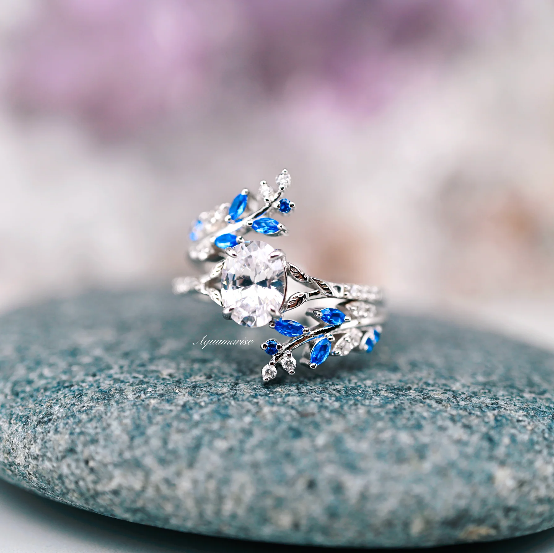 Lab-Grown Diamond & Blue Sapphire Leaf Engagement Ring Set in 14K White Gold (IGI Certified) - Image 14