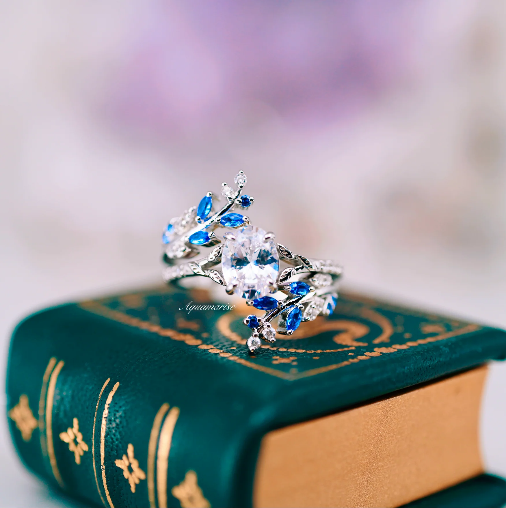 Lab-Grown Diamond & Blue Sapphire Leaf Engagement Ring Set in 14K White Gold (IGI Certified) - Image 2