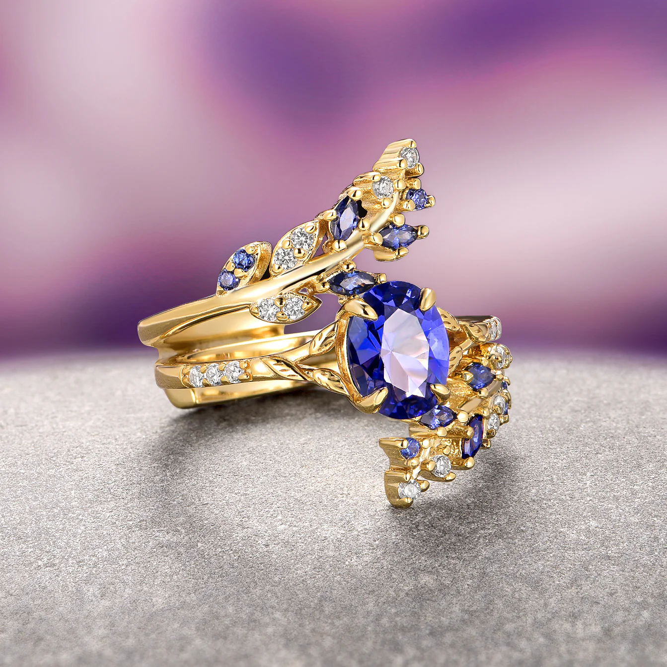 Blue Sapphire Leaf Engagement Ring Set- 14K Solid Yellow Gold - Image 2