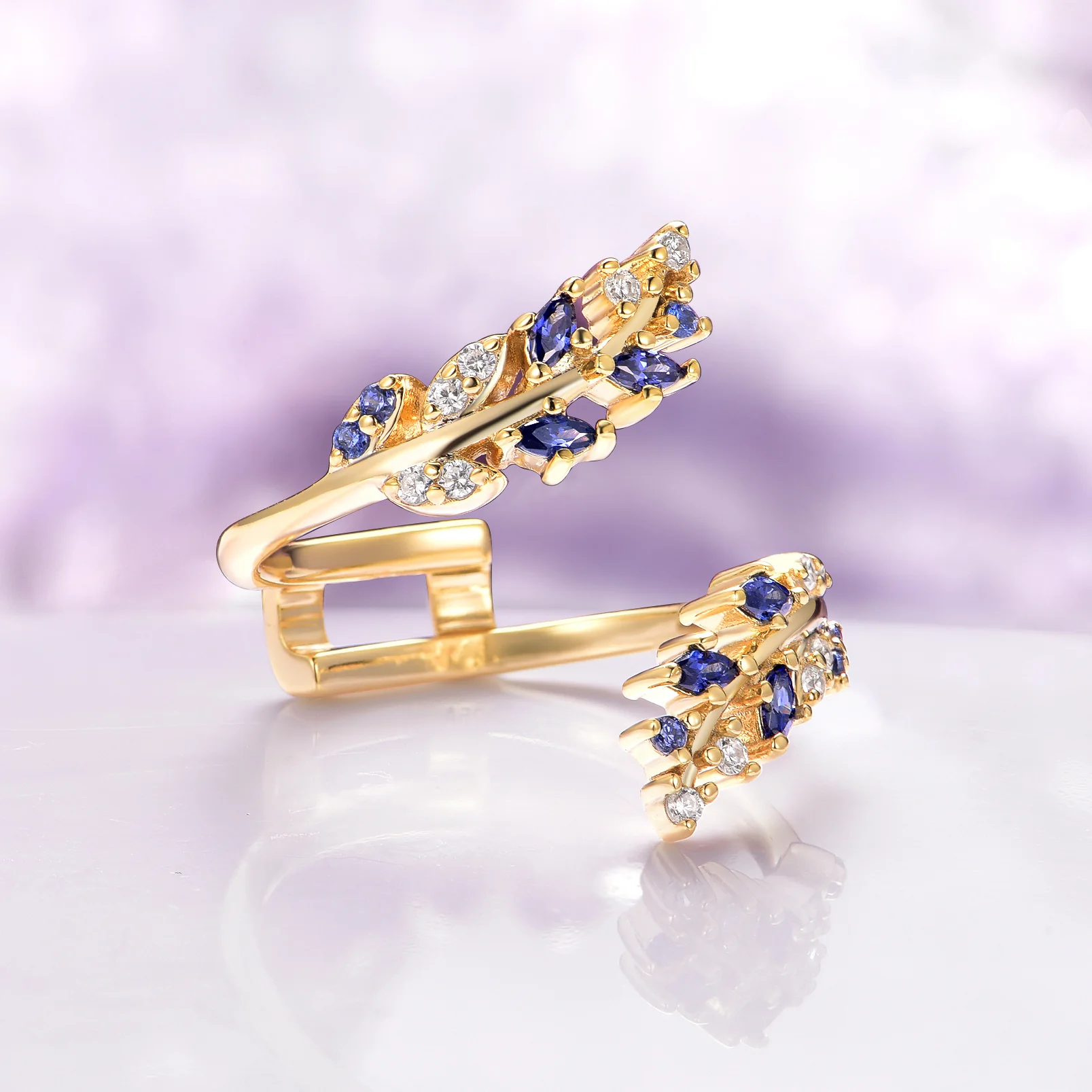 Blue Sapphire and Diamond Leaf Ring Guard in 14K Solid Yellow Gold - Image 4