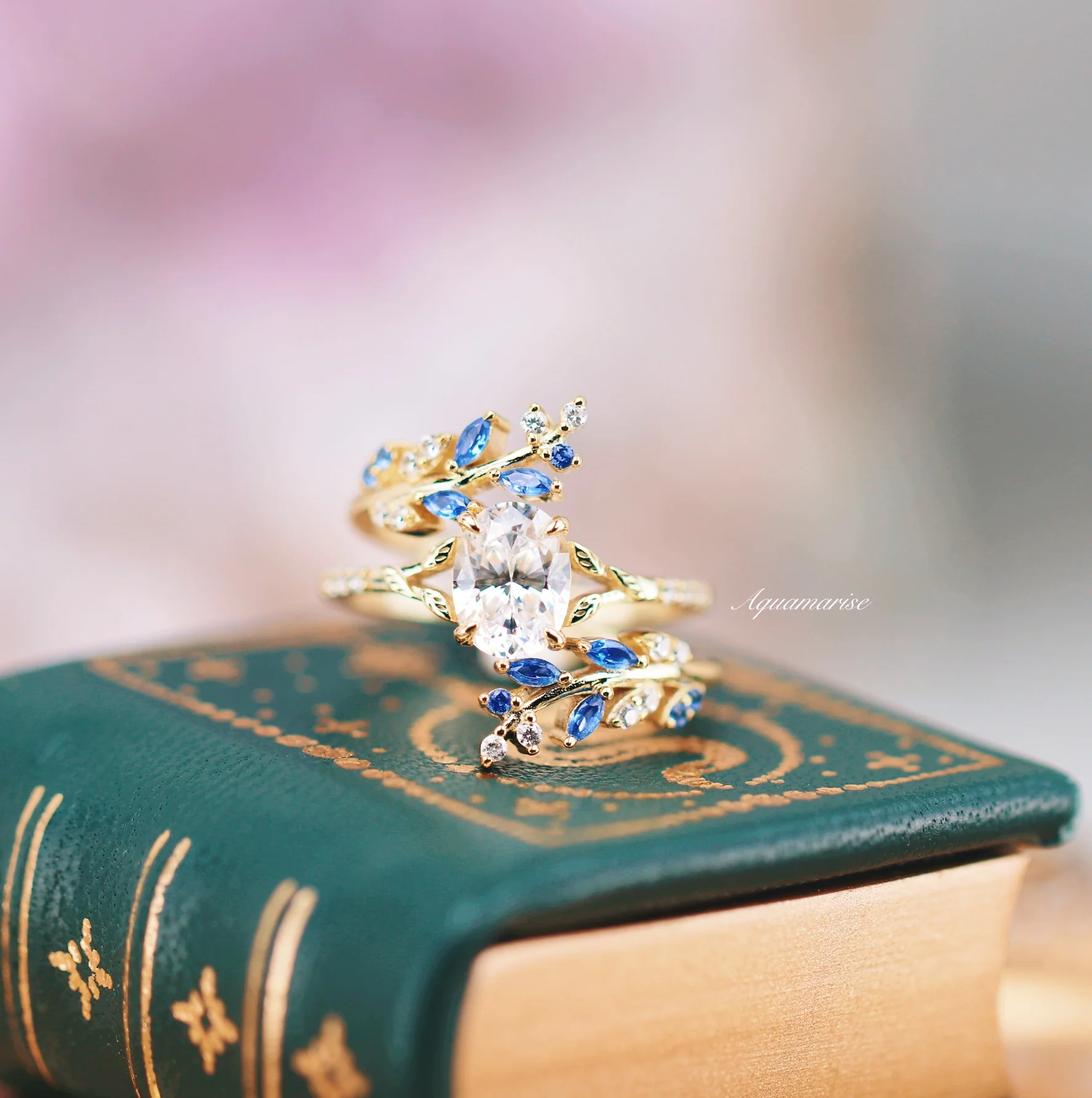 Blue Sapphire and Diamond Leaf Ring Guard in 14K Solid Yellow Gold - Image 5