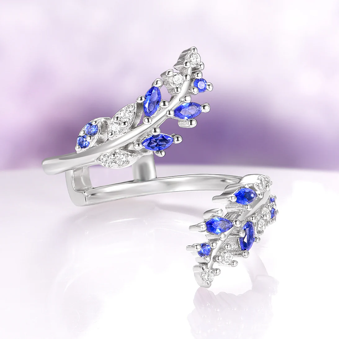 Blue Sapphire & Moissanite Leaf Ring Guard in 14K White Gold - Image 3