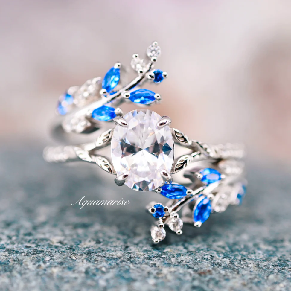 Blue Sapphire & Simulated Diamond Leaf Engagement Ring Set in Sterling Silver - Image 13