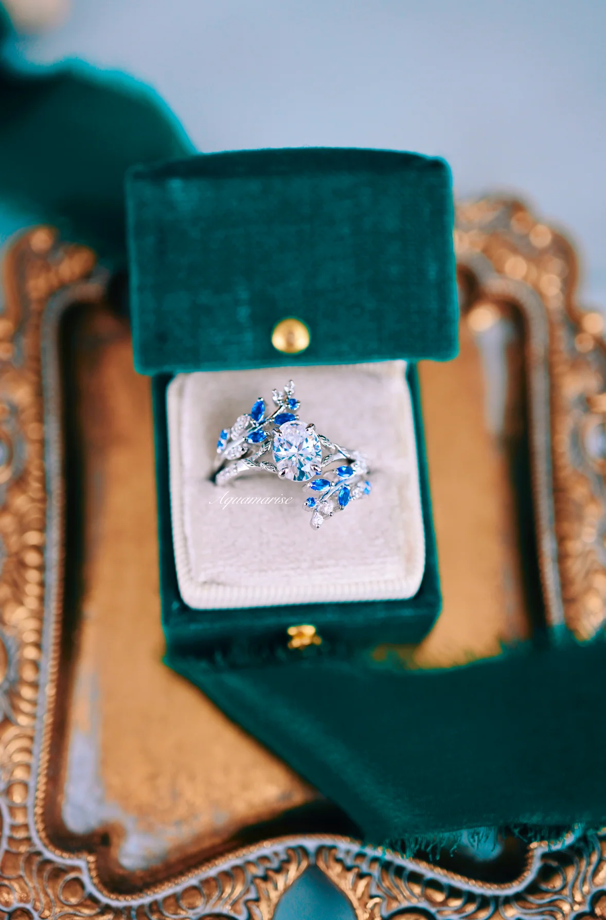Blue Sapphire & Simulated Diamond Leaf Engagement Ring Set in Sterling Silver - Image 6