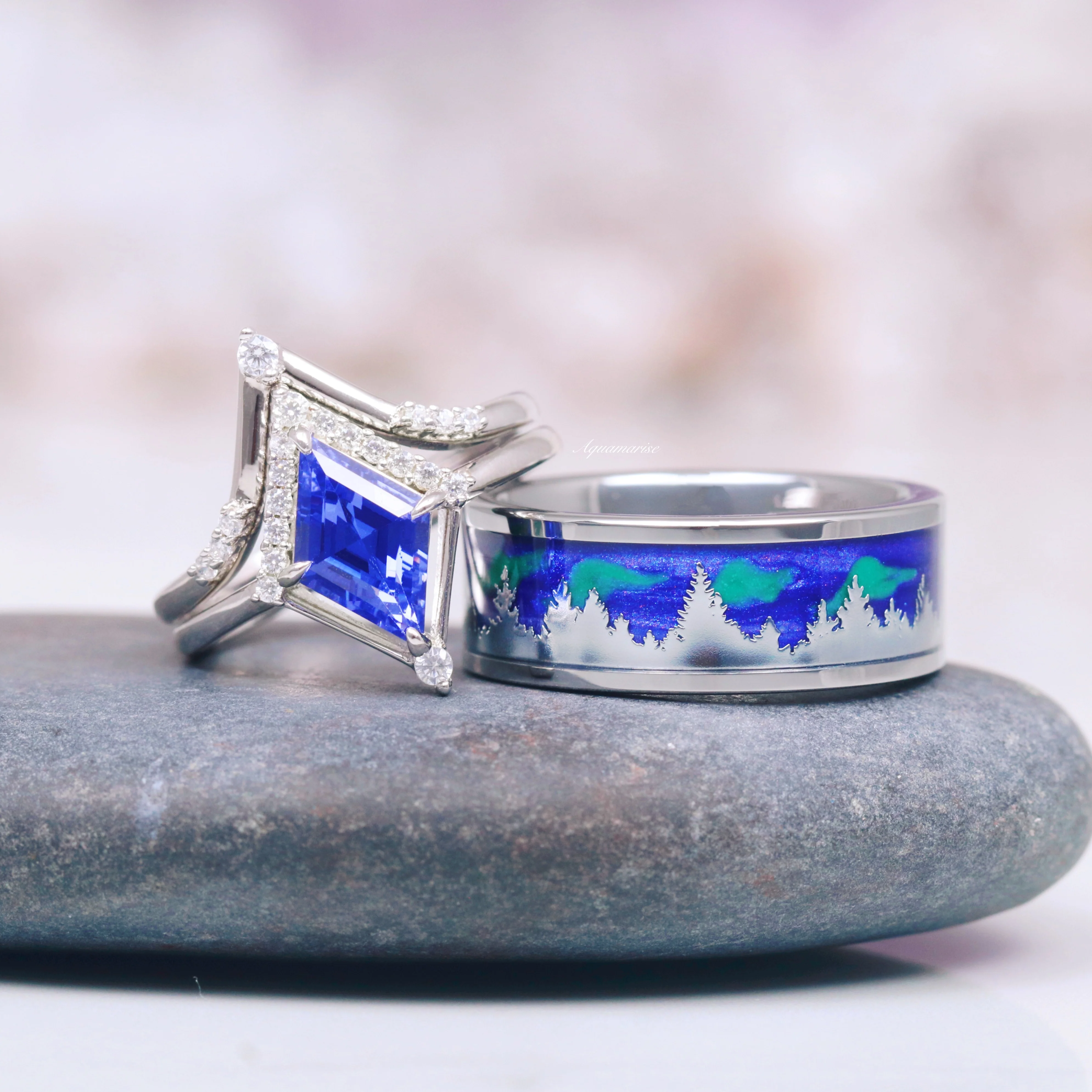 Aurora Borealis Wedding Band- Northern Lights & Trees 8MM Tungsten - Image 3