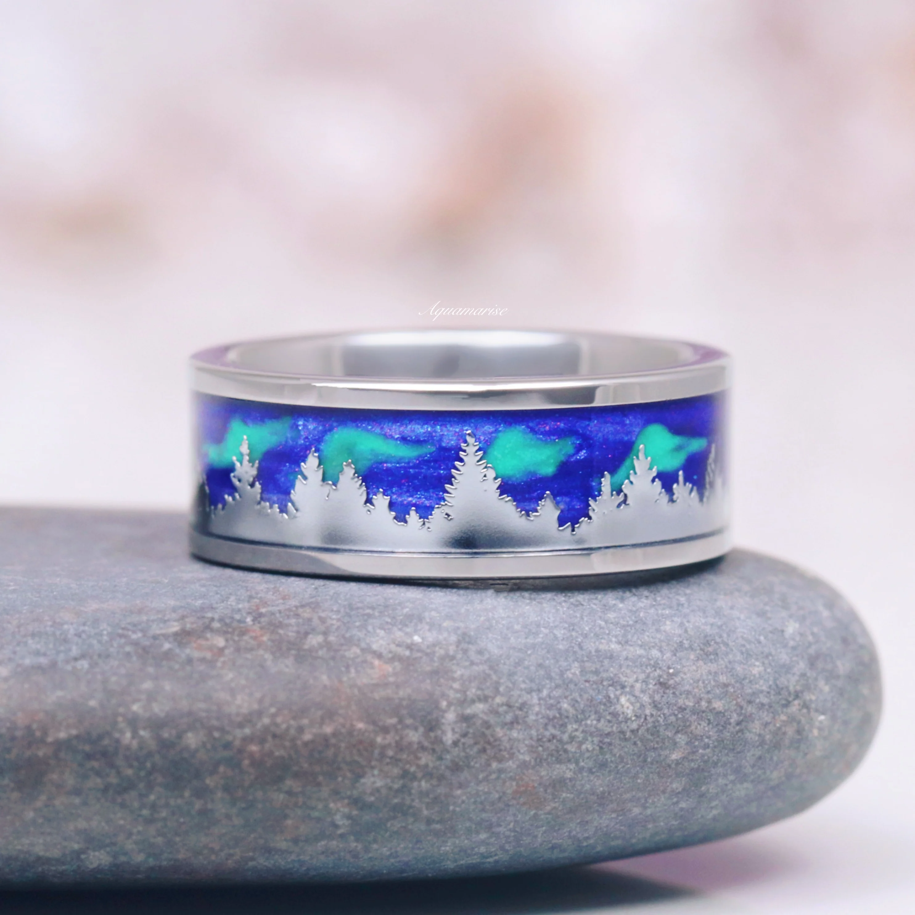Borealis & Tanzanite Couples Ring Set- Northern Lights & Trees - Image 3