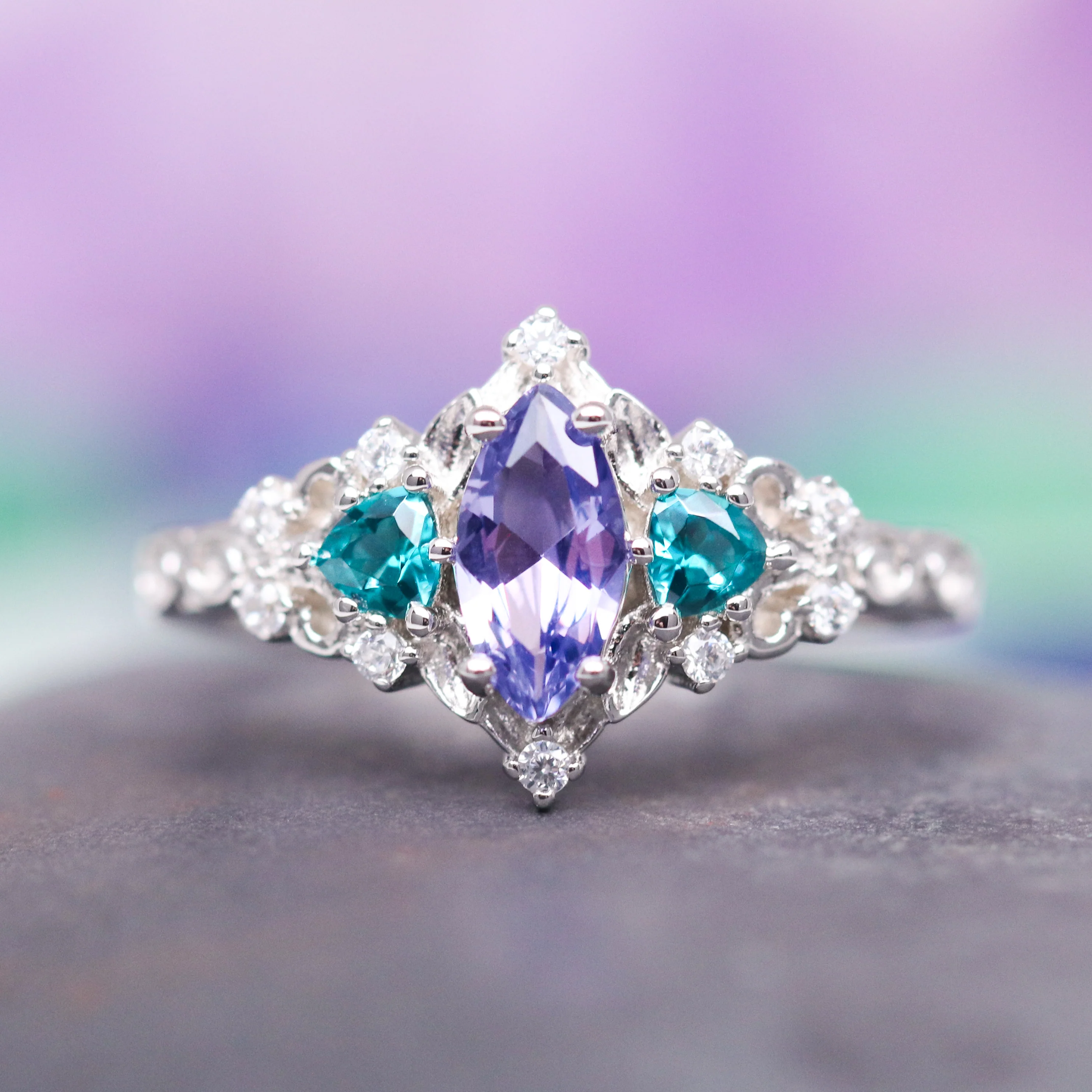 Borealis Tanzanite & Teal Sapphire Couples Ring Set (Mountain Range) - Image 3
