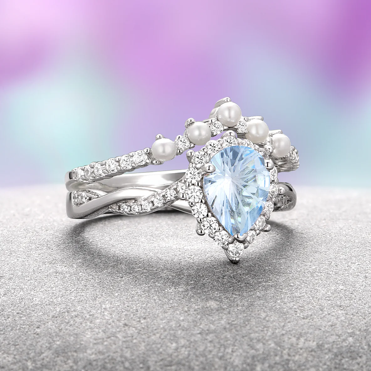 Briar Aquamarine & Pearl Engagement Ring Set- 14K White Gold - Image 3