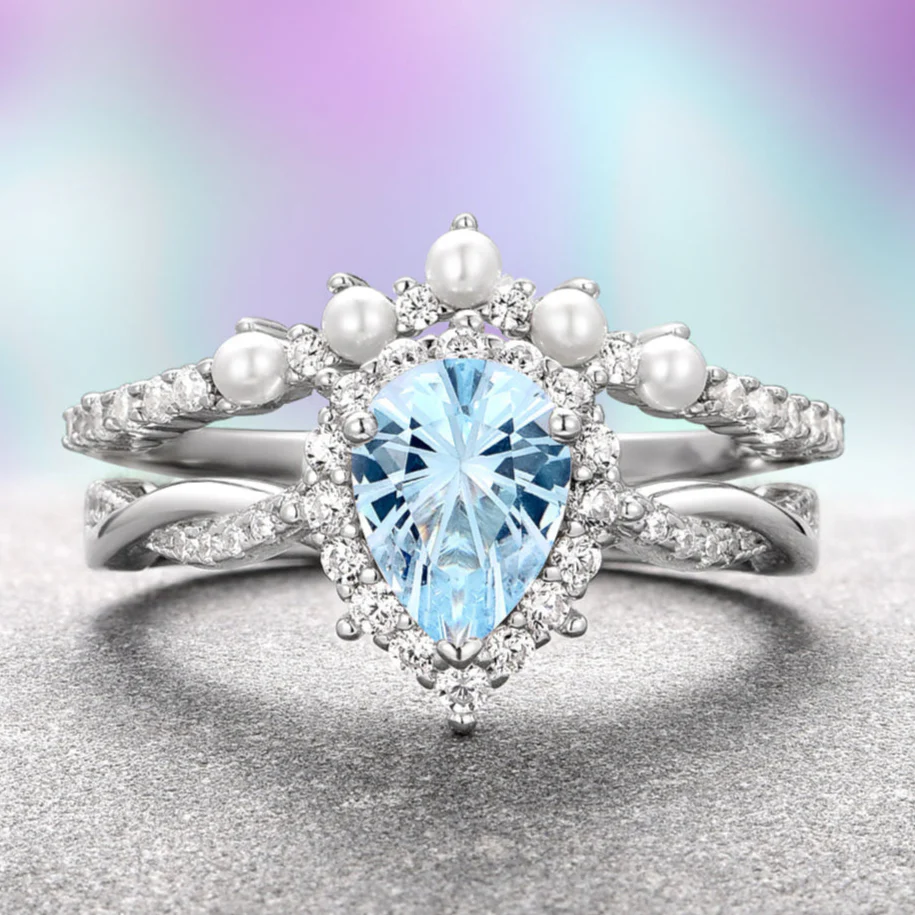 Briar Aquamarine & Pearl Ring Set in Sterling Silver