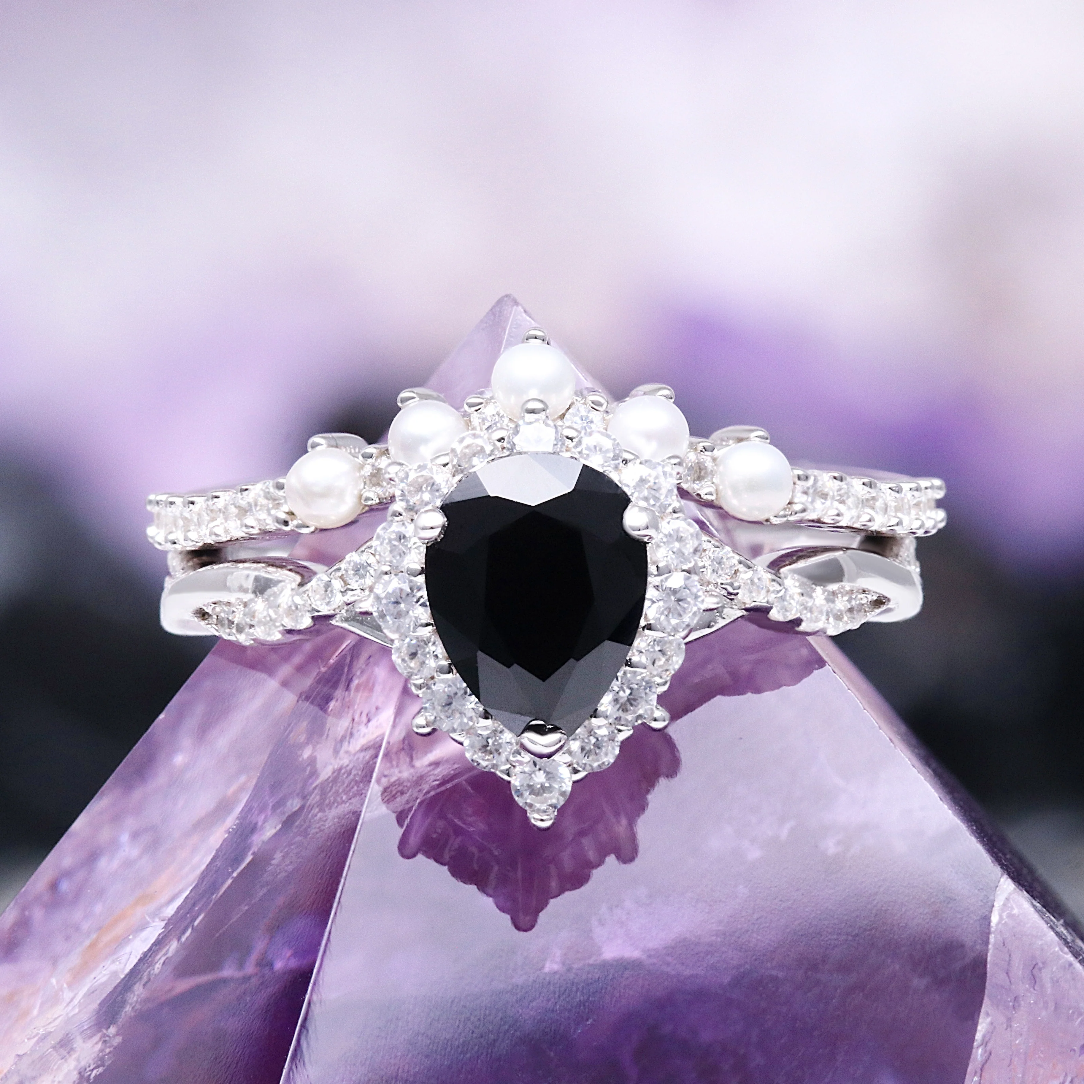Briar Black Onyx & Pearl Ring Set in Sterling Silver
