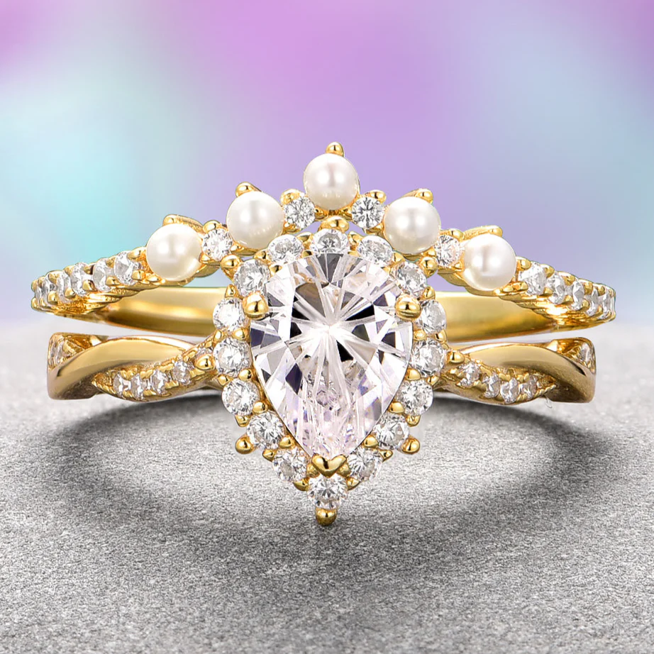 Briar Moissanite & Pearl Ring Set- 14K Solid Yellow Gold