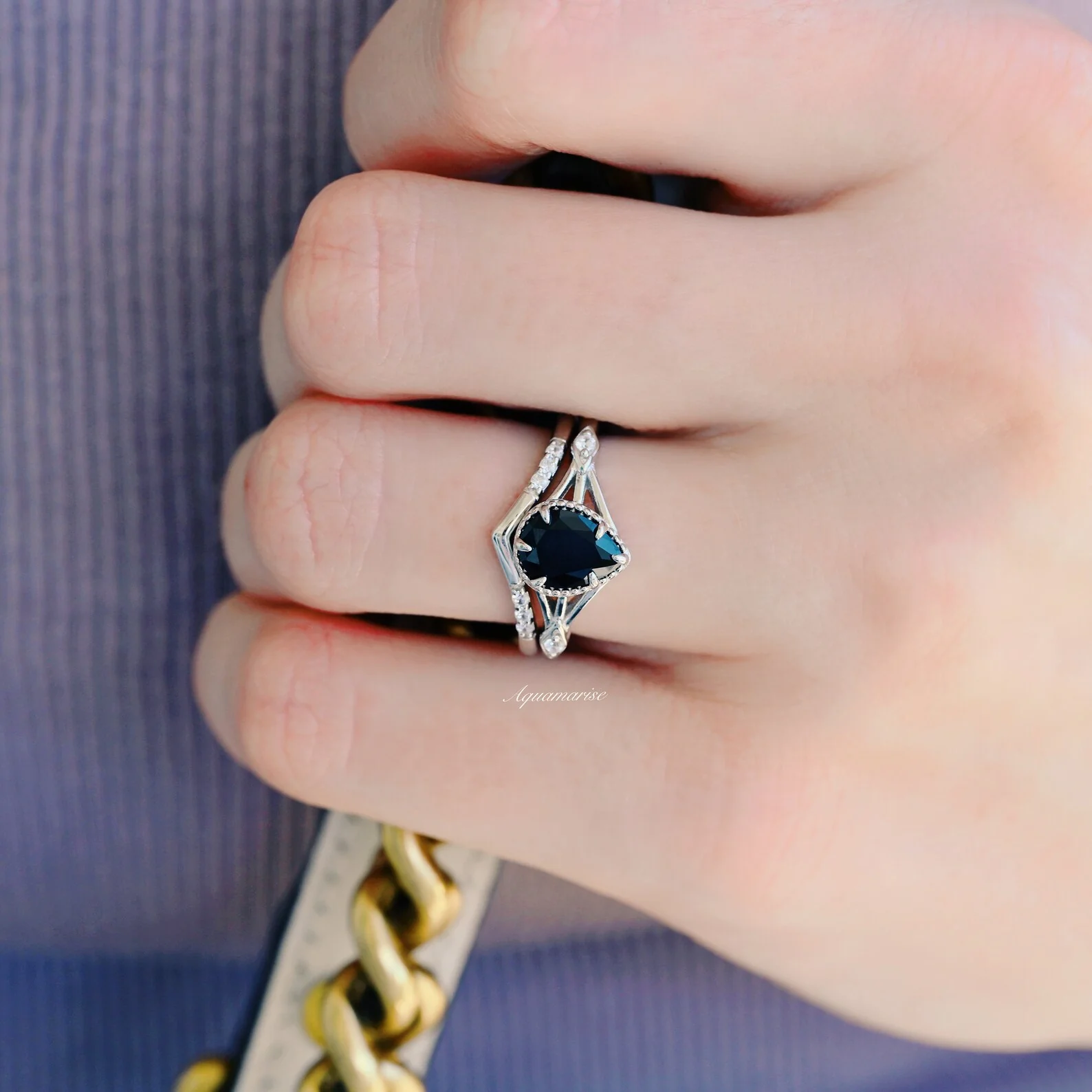 Celtic Black Onyx Engagement Ring Set in 14K White Gold - Image 3