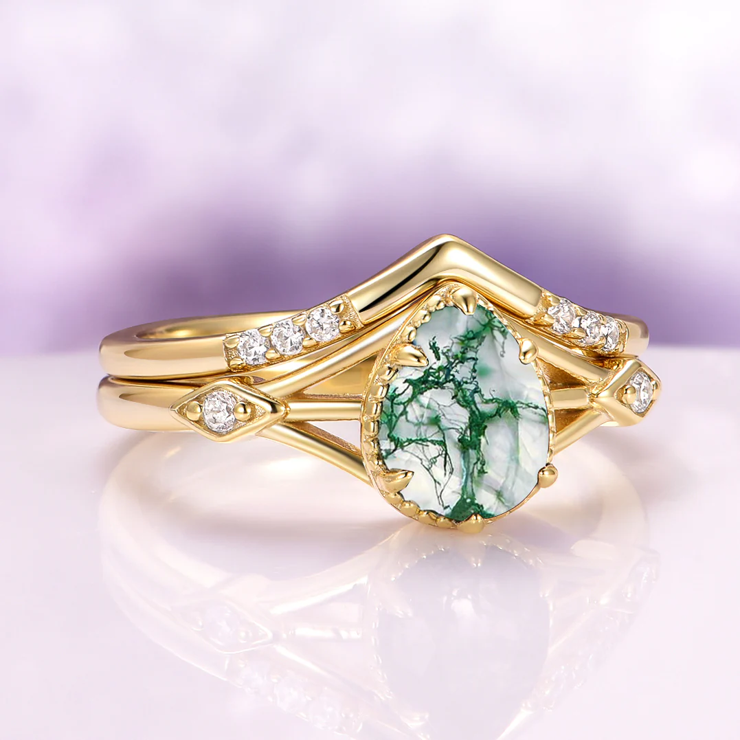 Celtic Green Moss Agate Engagement Ring Set in 14K Solid Yellow Gold - Image 4