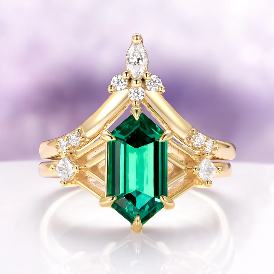 Celtic Hexagon Cut Lab-Grown Emerald Engagement Ring Set in 14K Solid Yellow Gold