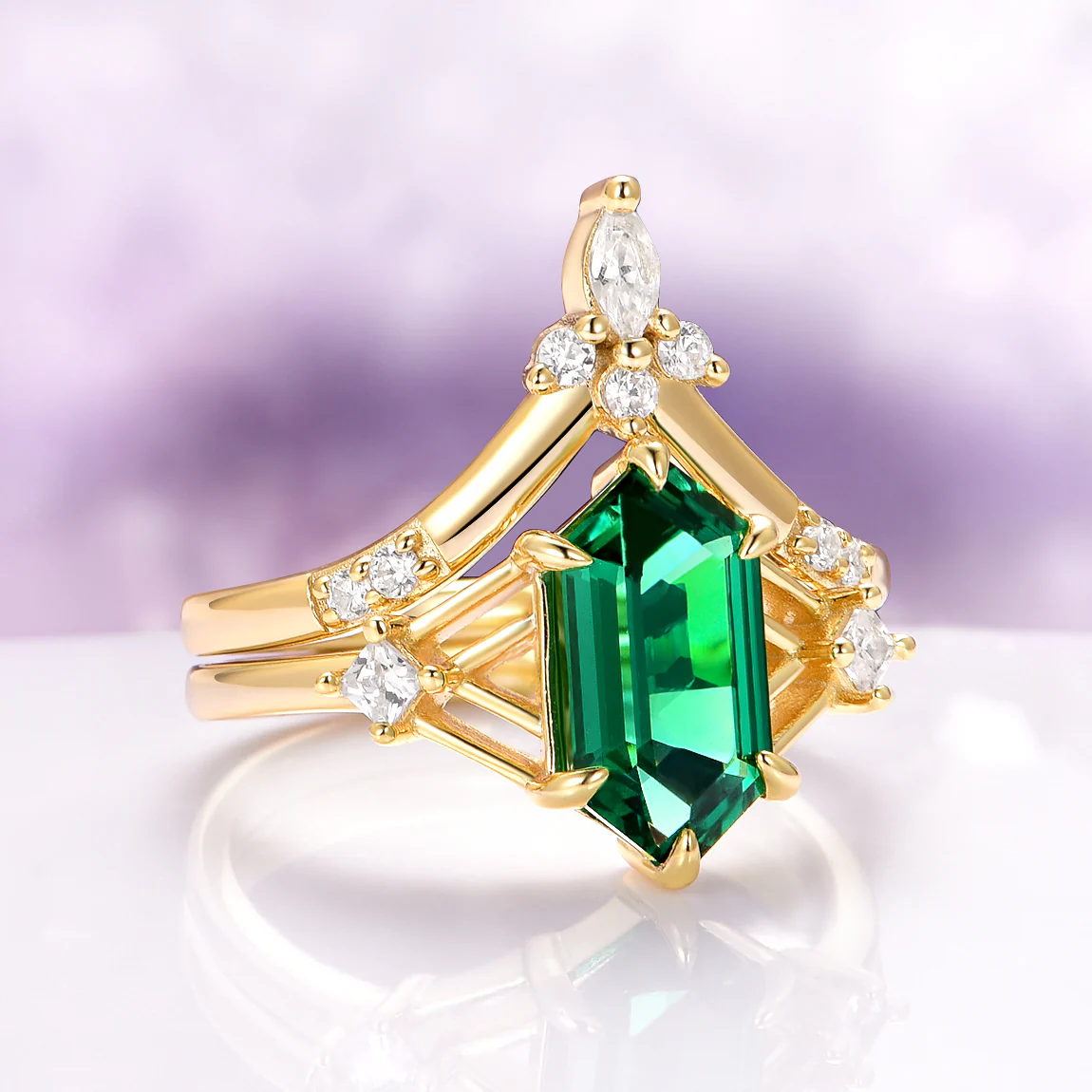 Celtic Hexagon Cut Lab-Grown Emerald Engagement Ring Set in 14K Solid Yellow Gold - Image 6