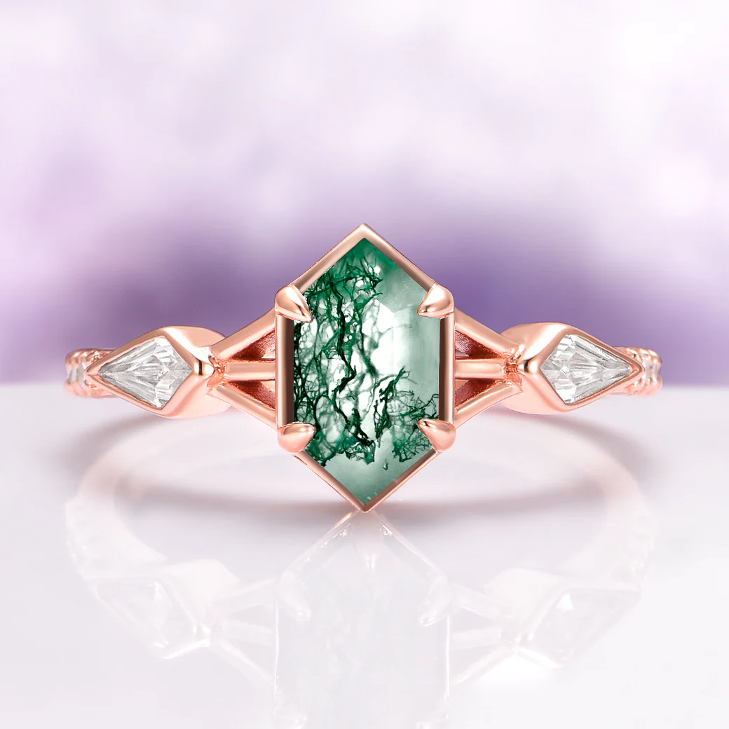 Hexagon Green Moss Agate Engagement Ring in 14K Solid Rose Gold