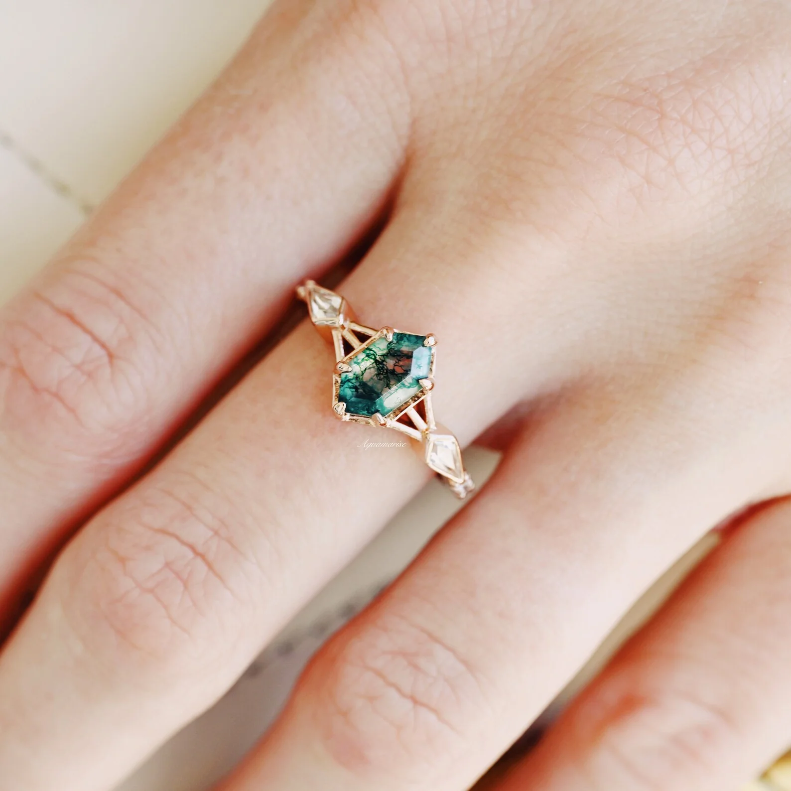 Hexagon Green Moss Agate Engagement Ring in 14K Solid Rose Gold - Image 4