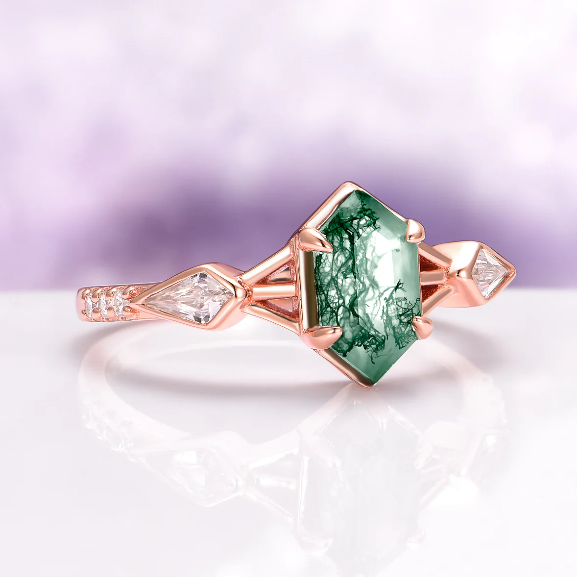 Hexagon Green Moss Agate Engagement Ring in 14K Solid Rose Gold - Image 5