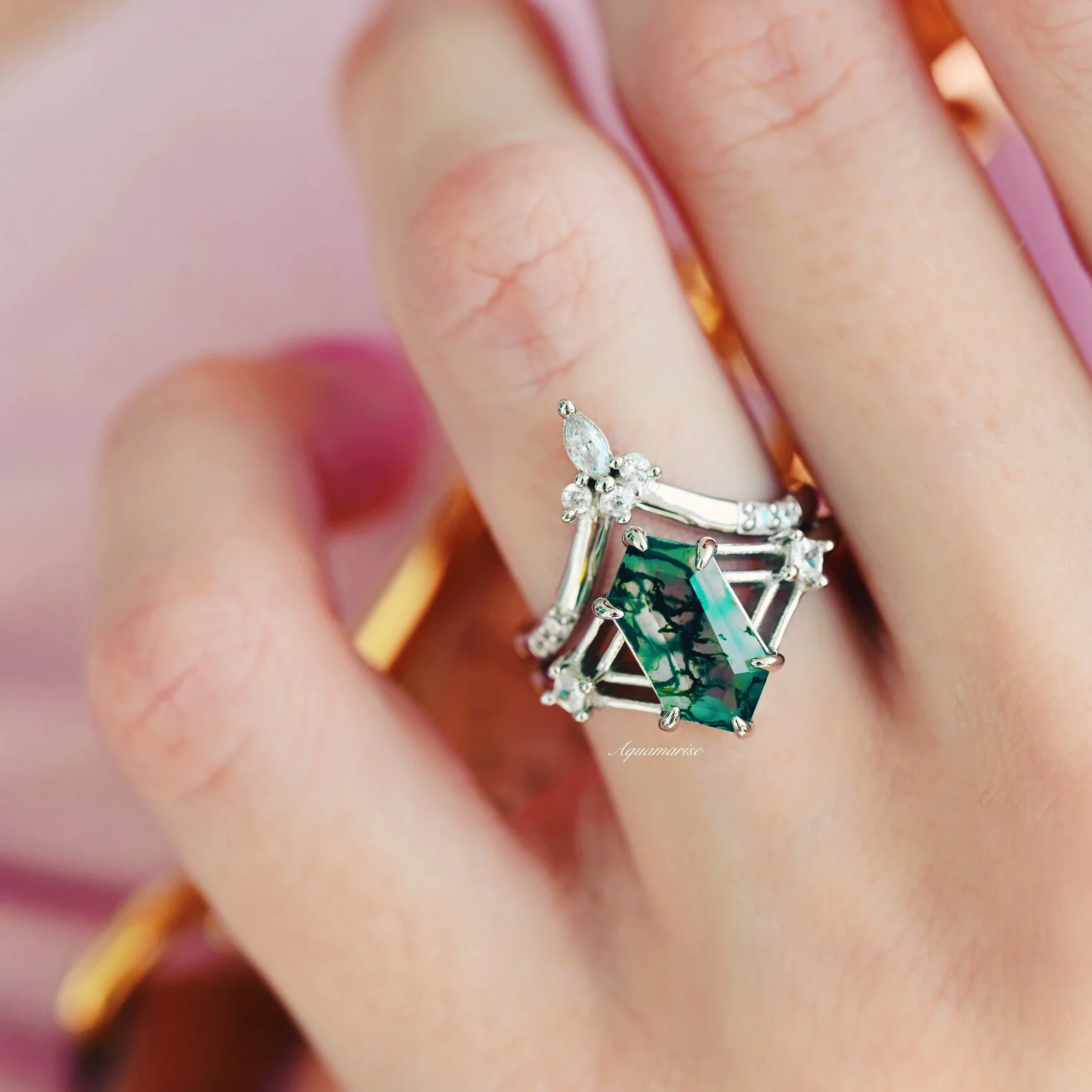Celtic Hexagon Cut Green Moss Agate Engagement Ring Set in 14K White Gold - Image 2