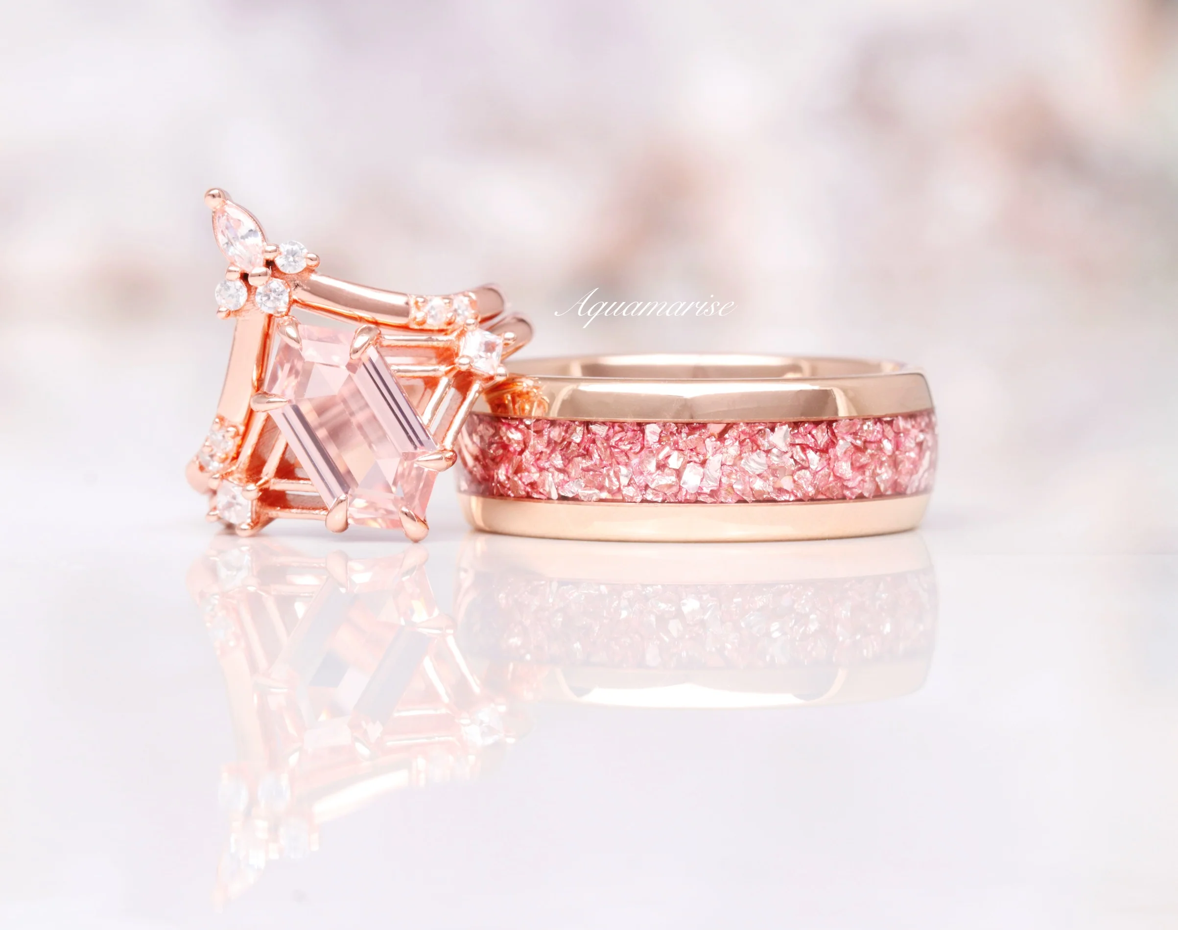 Celtic Hexagon Morganite Engagement Ring Set in 14K Solid Rose Gold - Image 2