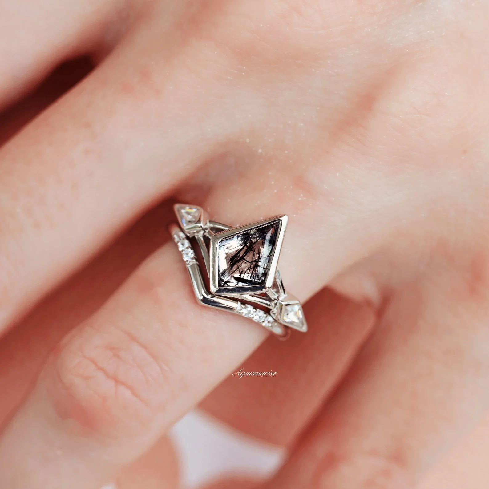 Kite Cut Black Rutilated Quartz Engagement Ring Set in 14K White Gold - Image 3