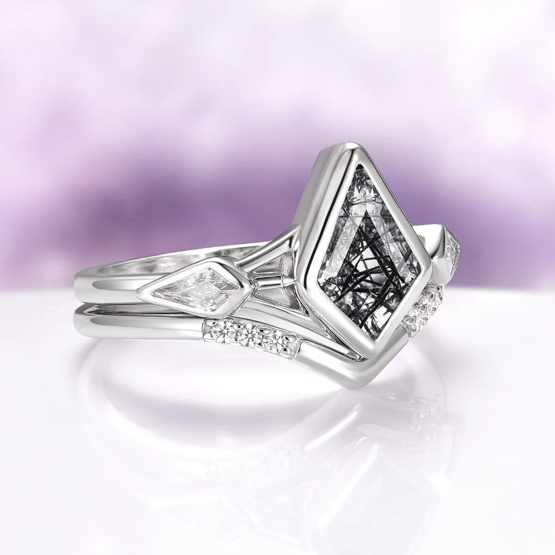 Kite Cut Black Rutilated Quartz Engagement Ring Set in 14K White Gold - Image 6