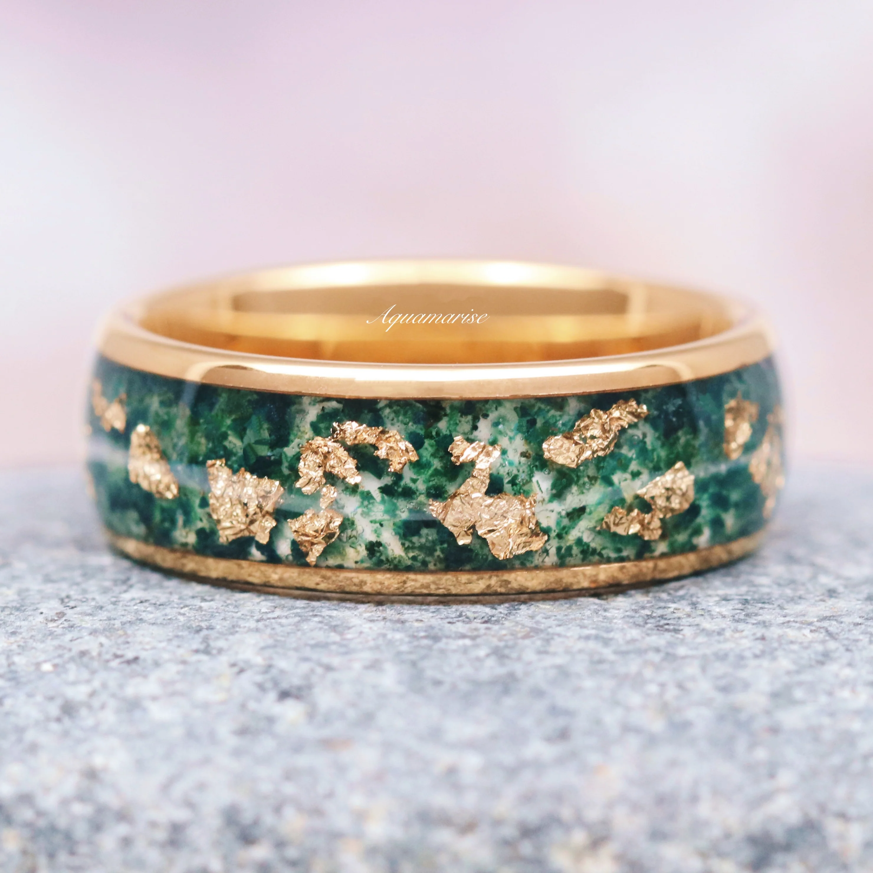 Celtic Knot Moss Agate & Gold Leaf Couples Ring Set - Image 2