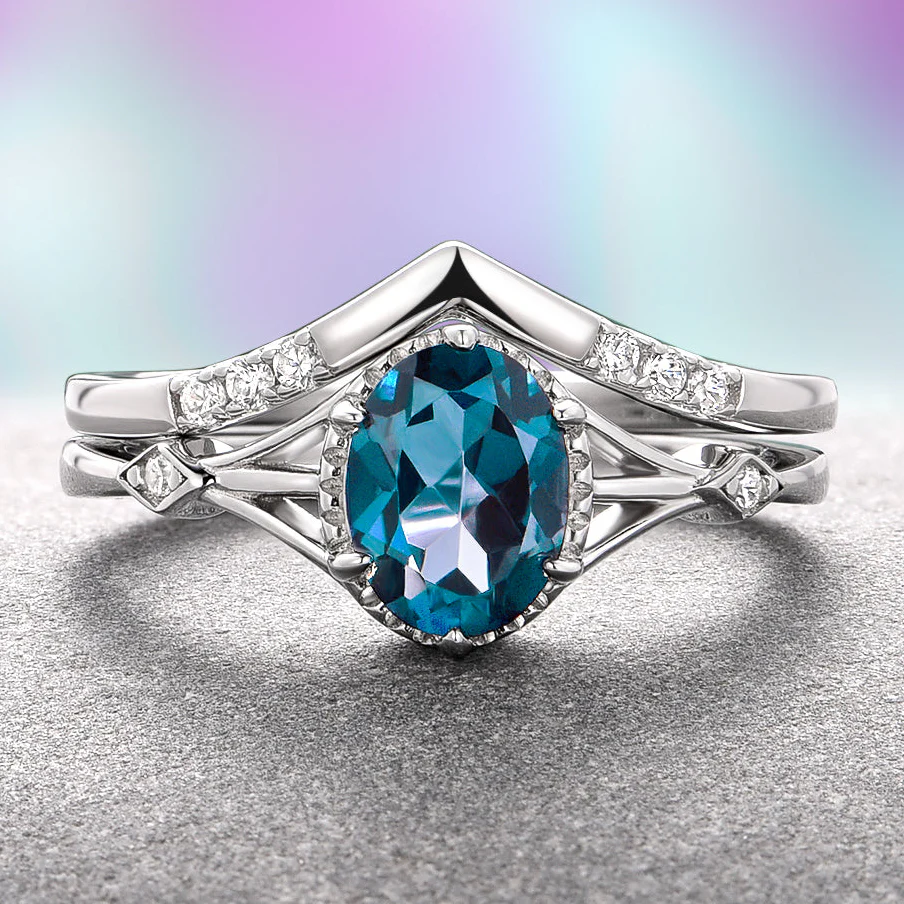 Celtic London Blue Topaz Ring Set- 14K White Gold