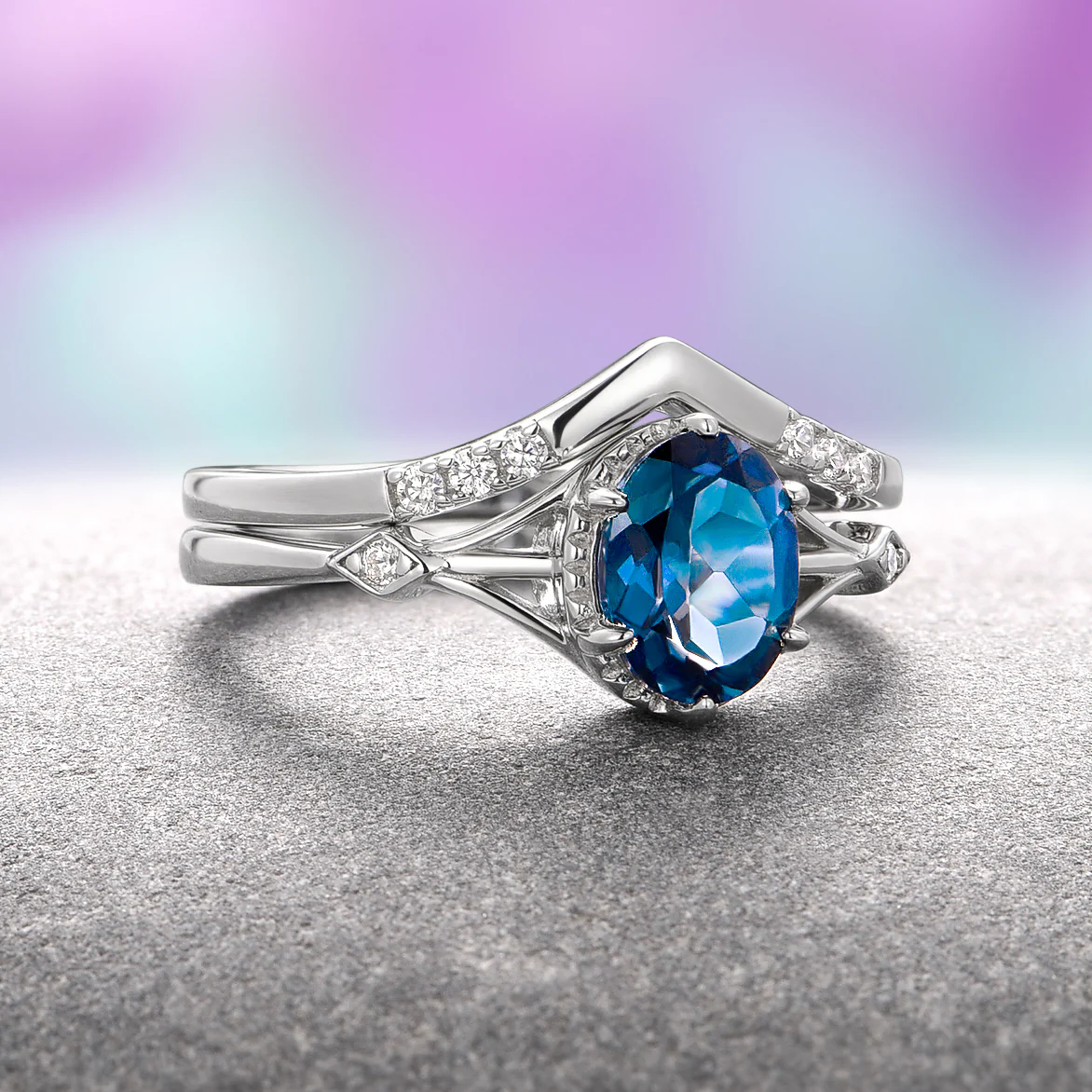 Celtic London Blue Topaz Ring Set- 14K White Gold - Image 4