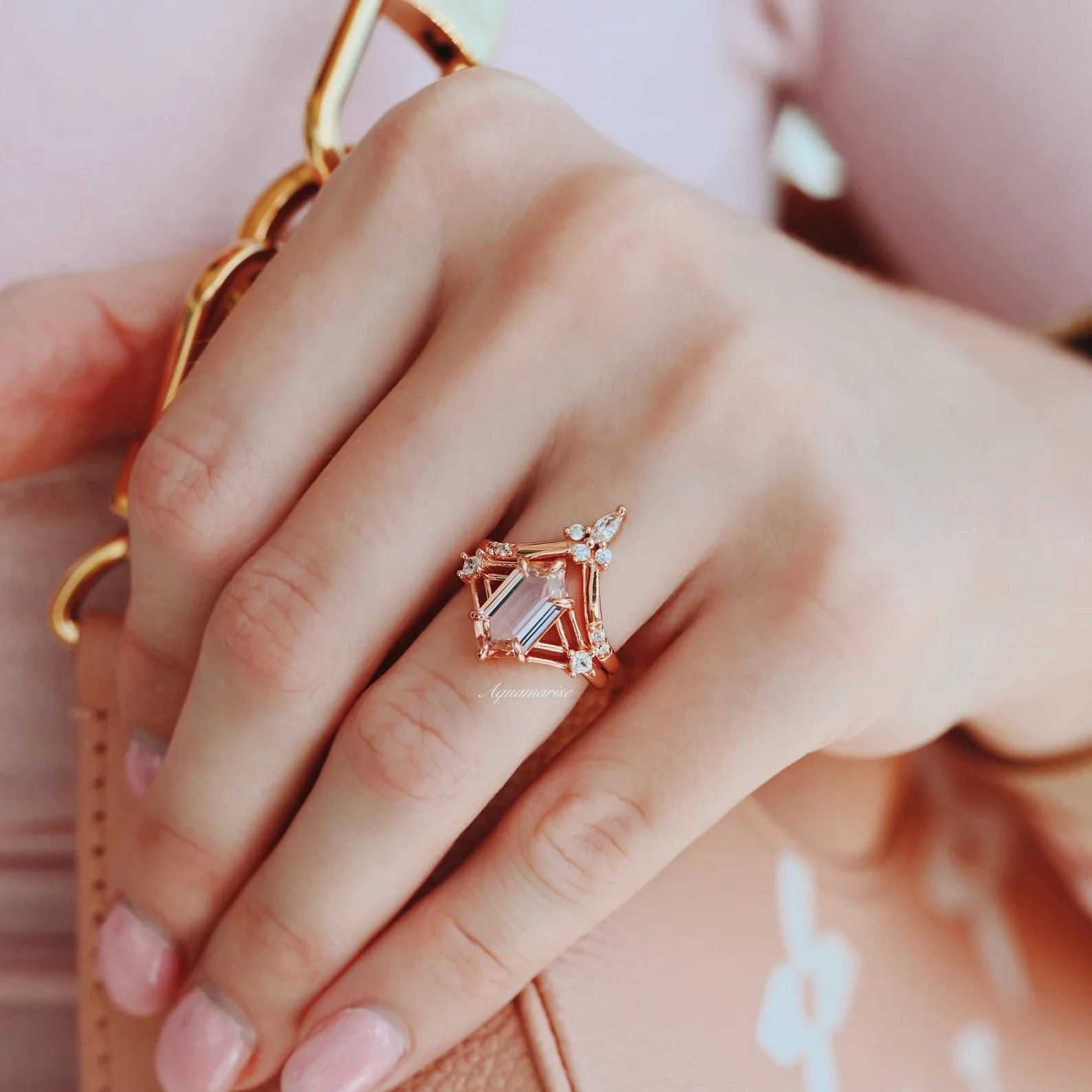 Celtic Hexagon Morganite Couples Ring Set - Image 3
