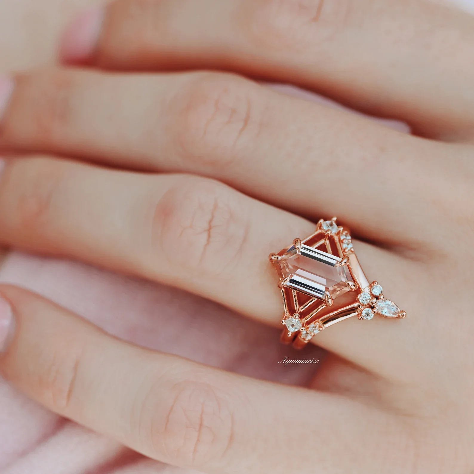 Celtic Hexagon Morganite Couples Ring Set - Image 4