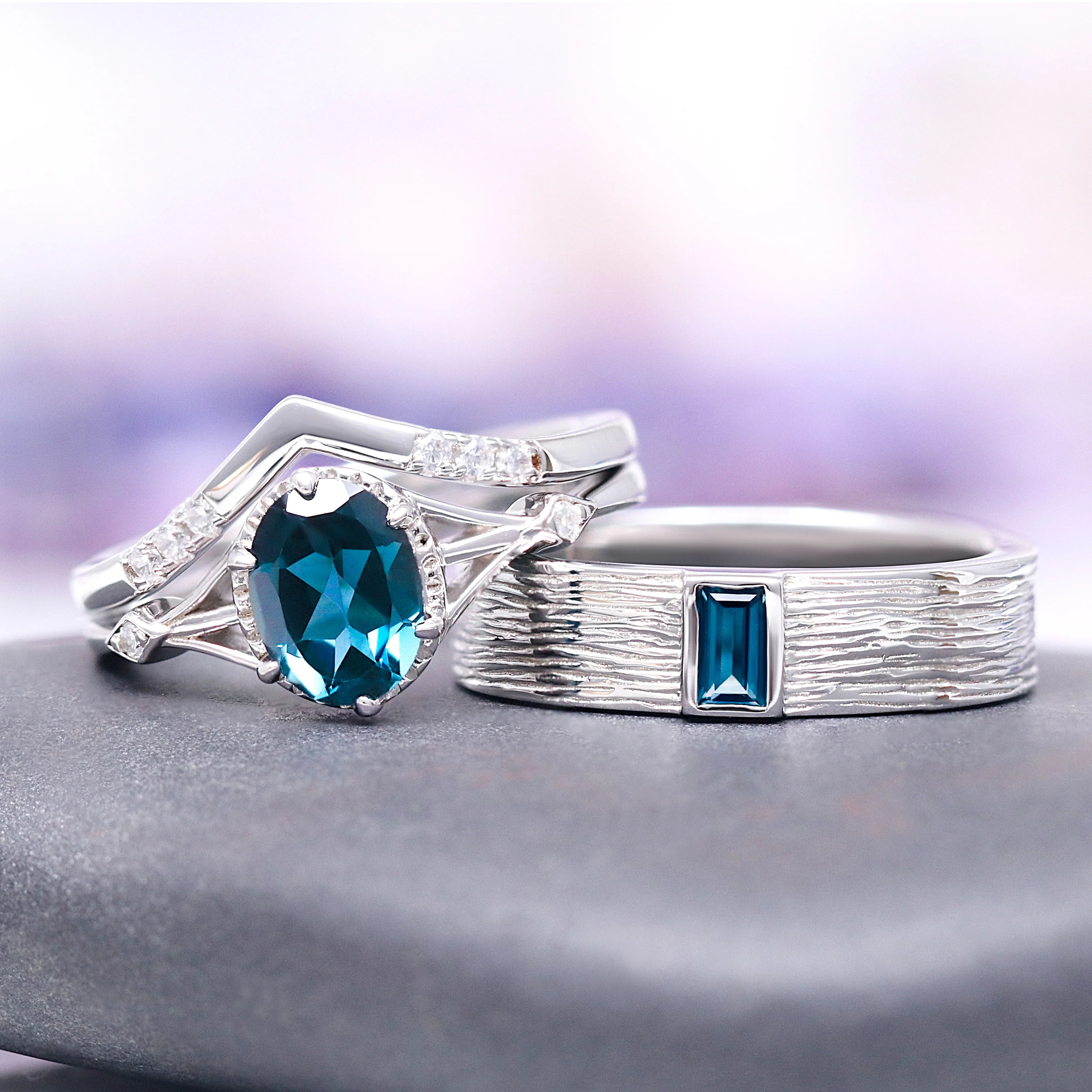 Celtic Natural London Blue Topaz Couples Ring Set